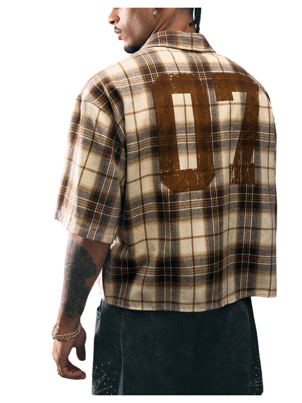 GORGLITTER Men's Gingham Cropped Shirt Button Up Number Graphic Boxy Short Sleeve Vacation Crop Tee Tops Streetwear