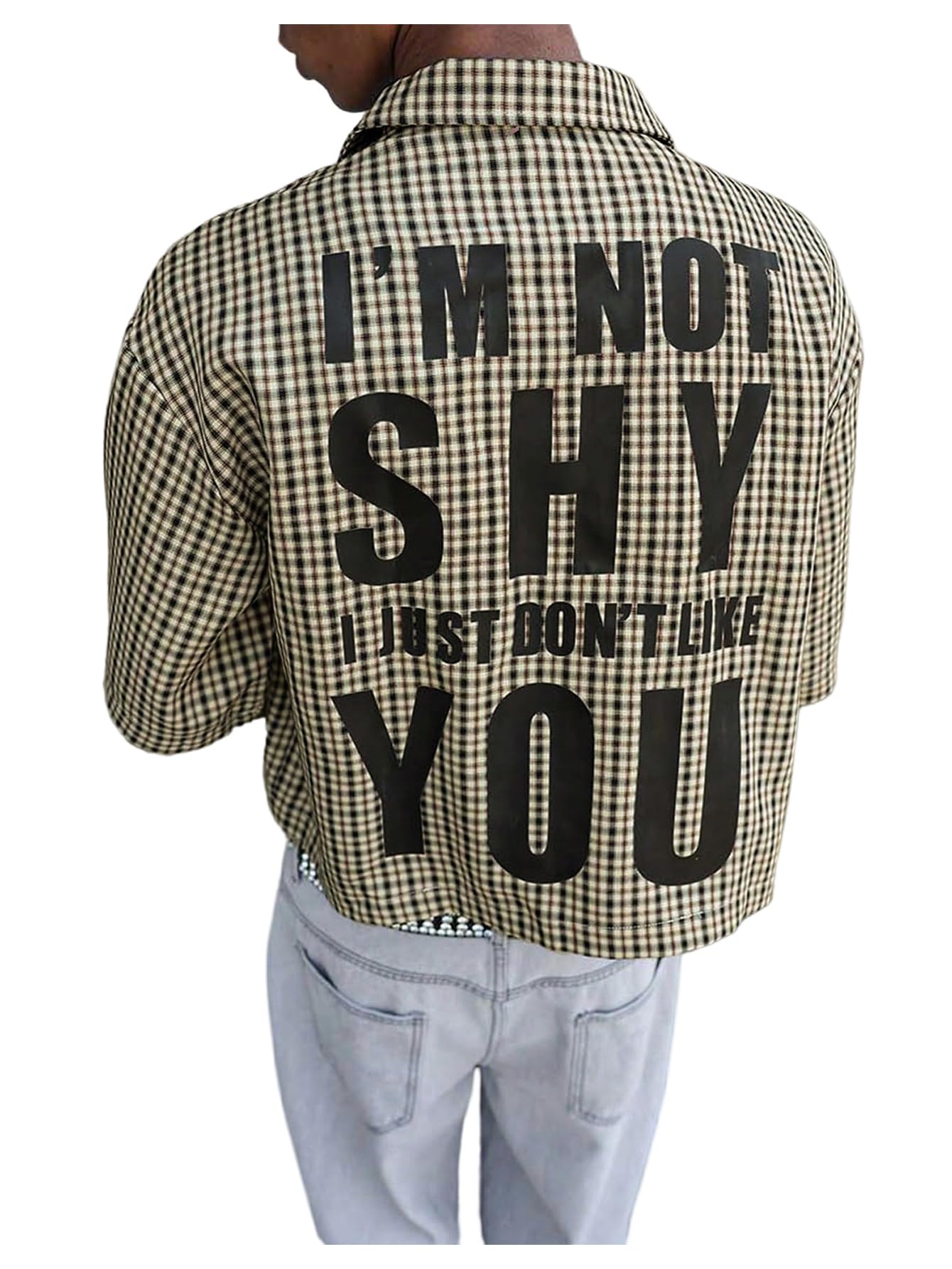 GORGLITTER Men's Gingham Cropped Shirt Button Up Number Graphic Boxy Short Sleeve Vacation Crop Tee Tops Streetwear