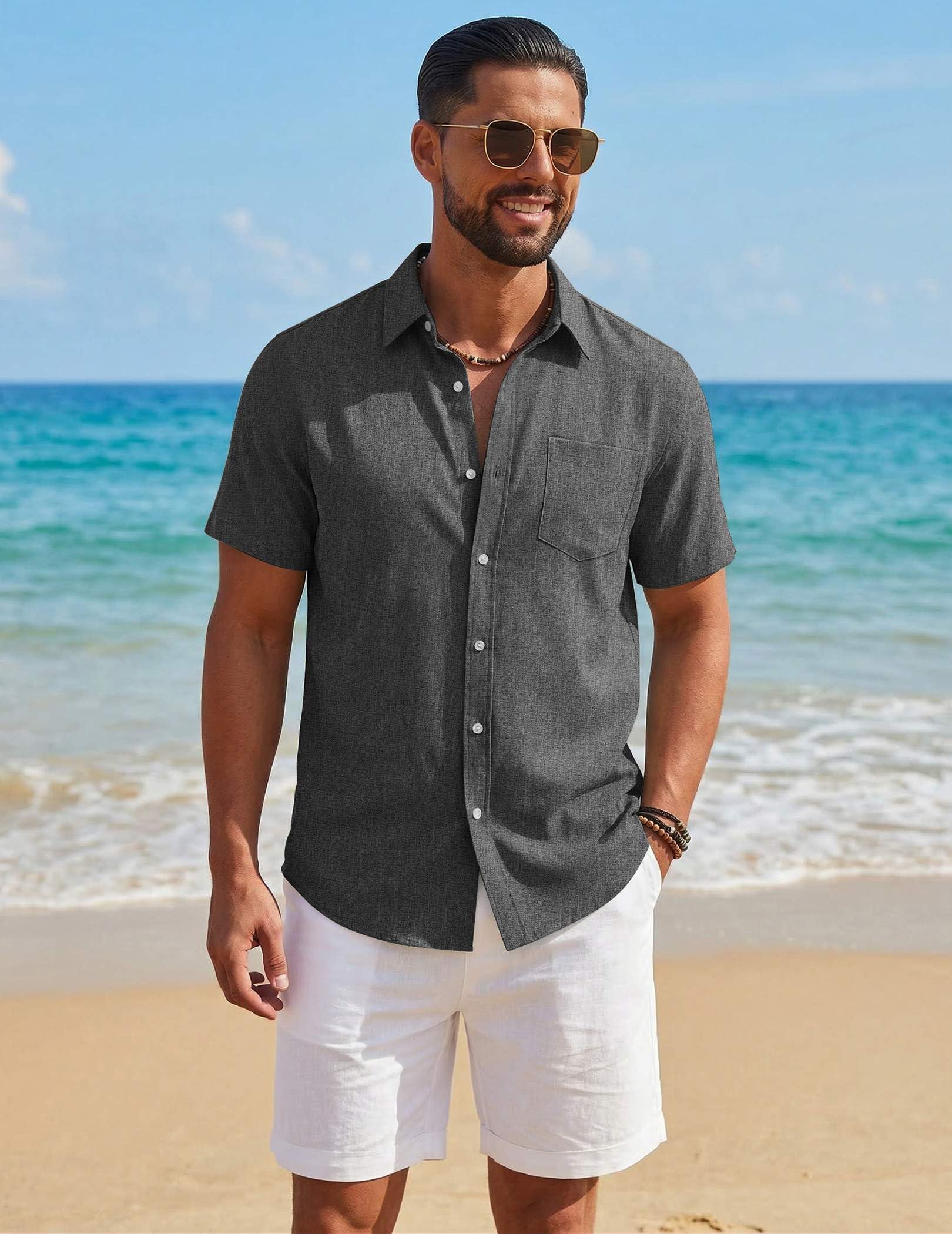 COOFANDY Mens Button Down Shirt Short Sleeve Casual Shirts Summer Beach Textured Shirts with Pocket