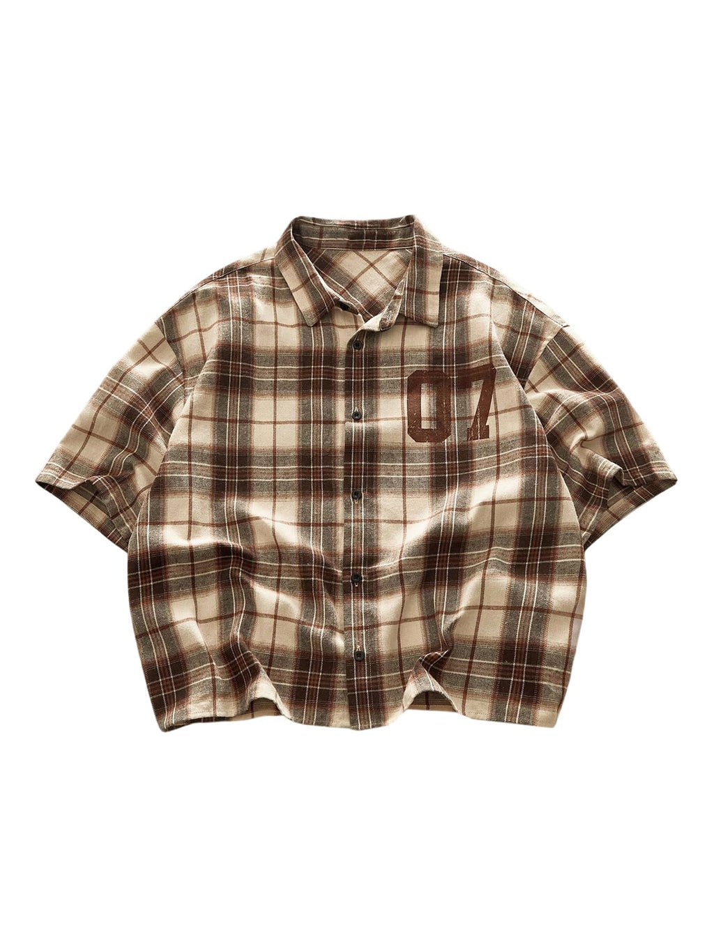 GORGLITTER Men's Gingham Cropped Shirt Button Up Number Graphic Boxy Short Sleeve Vacation Crop Tee Tops Streetwear