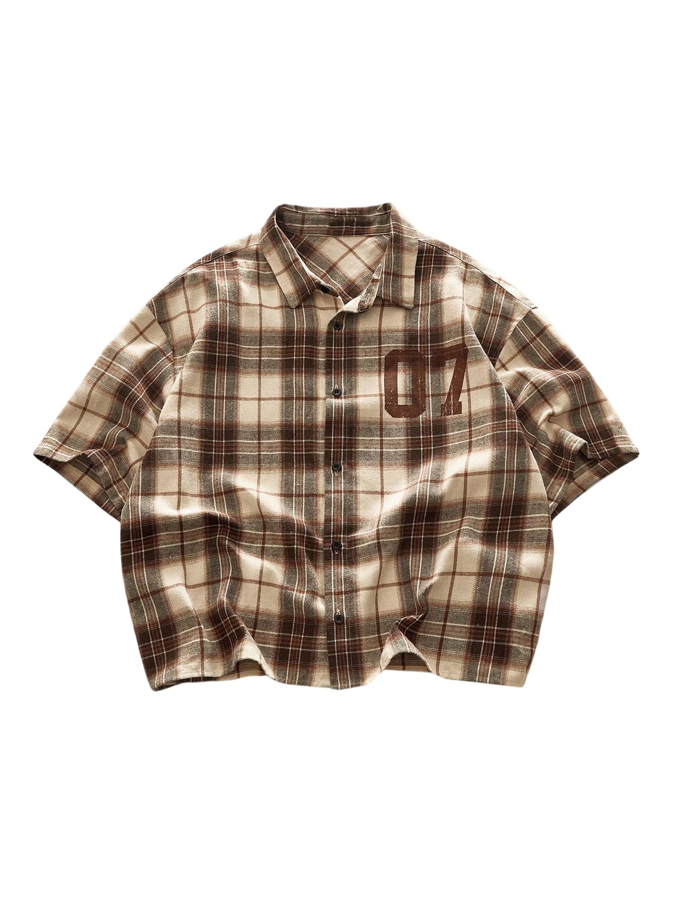GORGLITTER Men's Gingham Cropped Shirt Button Up Number Graphic Boxy Short Sleeve Vacation Crop Tee Tops Streetwear