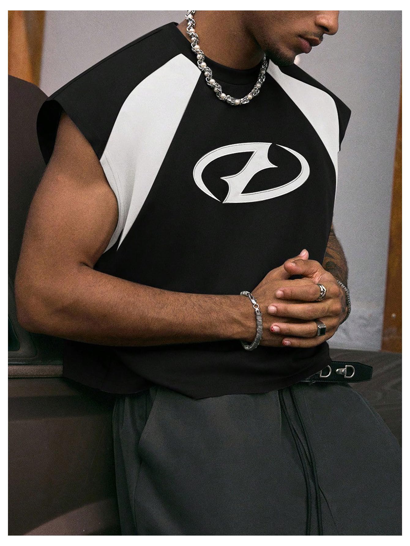 GORGLITTER Men's Y2k Cropped Tank Top Graphic Dolman Sleeve Boxy Oversized Streetwear Crop Top Tee Shirts Rave Outfits