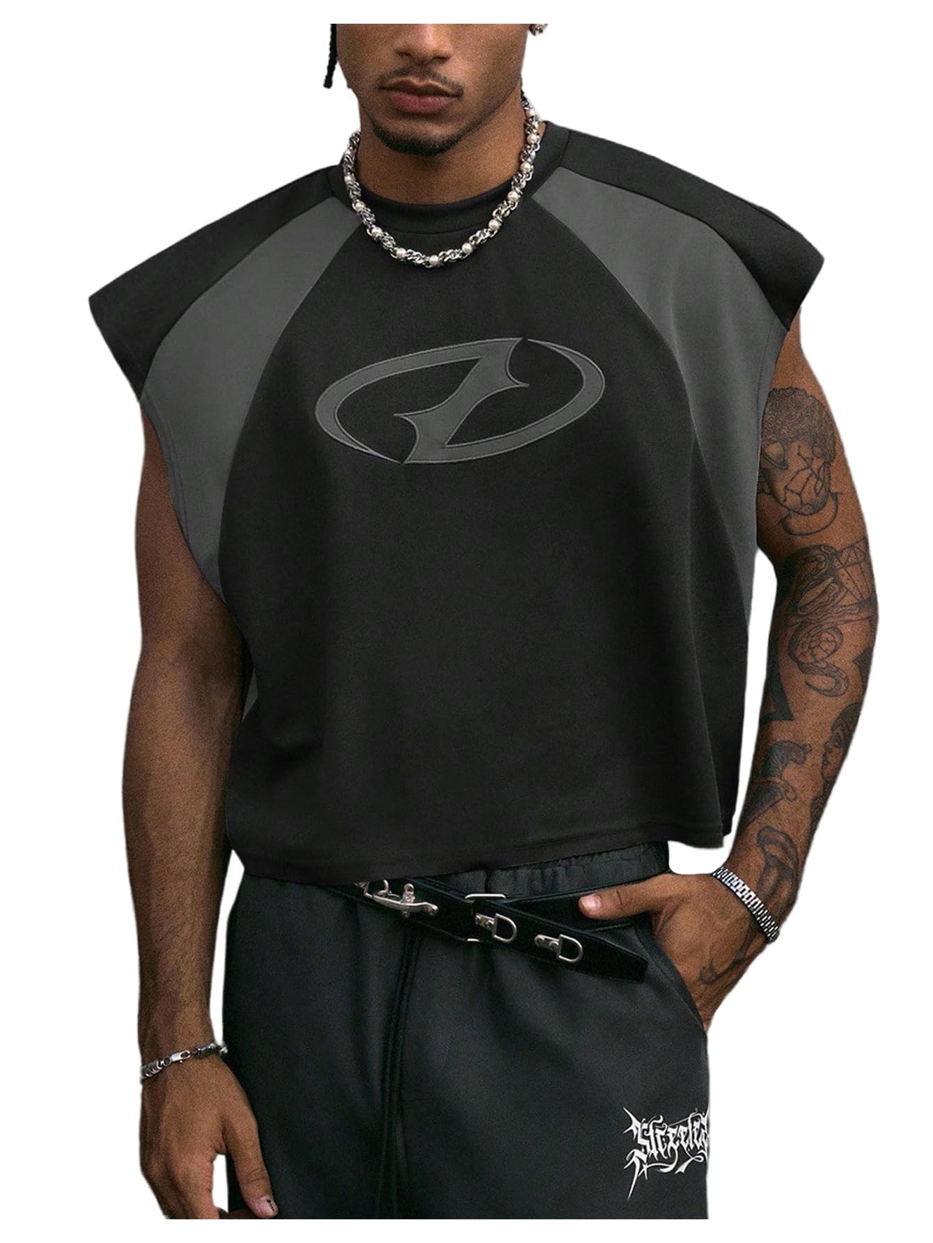 GORGLITTER Men's Y2k Cropped Tank Top Graphic Dolman Sleeve Boxy Oversized Streetwear Crop Top Tee Shirts Rave Outfits