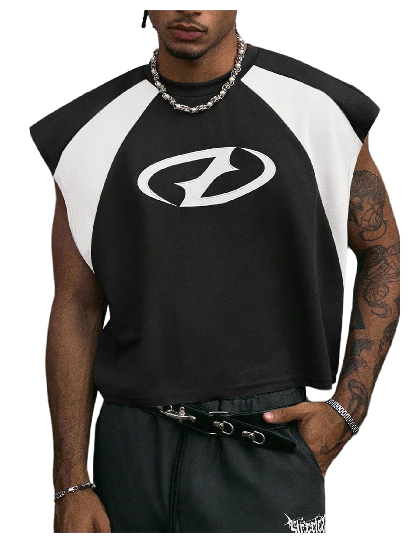 GORGLITTER Men's Y2k Cropped Tank Top Graphic Dolman Sleeve Boxy Oversized Streetwear Crop Top Tee Shirts Rave Outfits