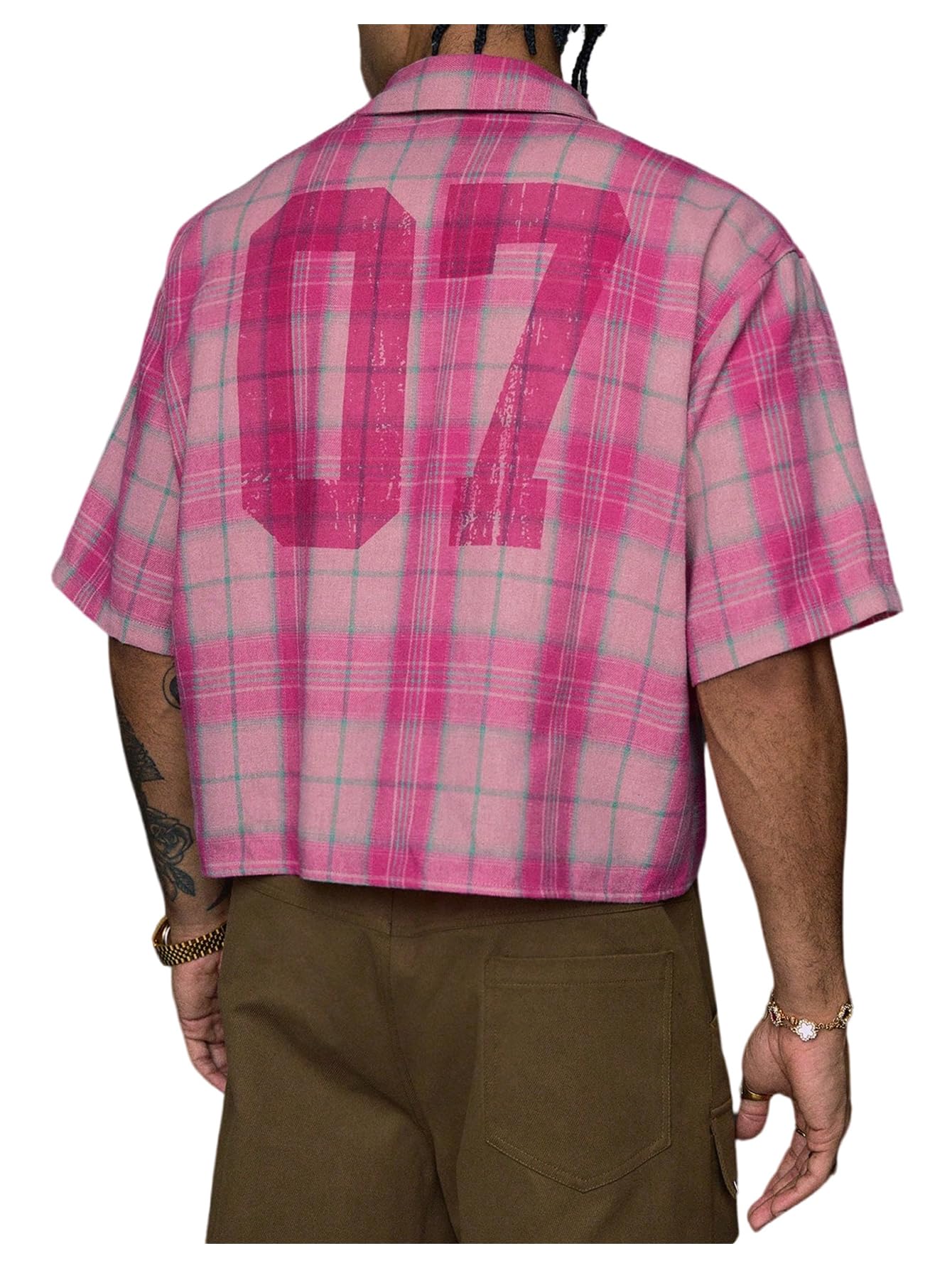 GORGLITTER Men's Gingham Cropped Shirt Button Up Number Graphic Boxy Short Sleeve Vacation Crop Tee Tops Streetwear