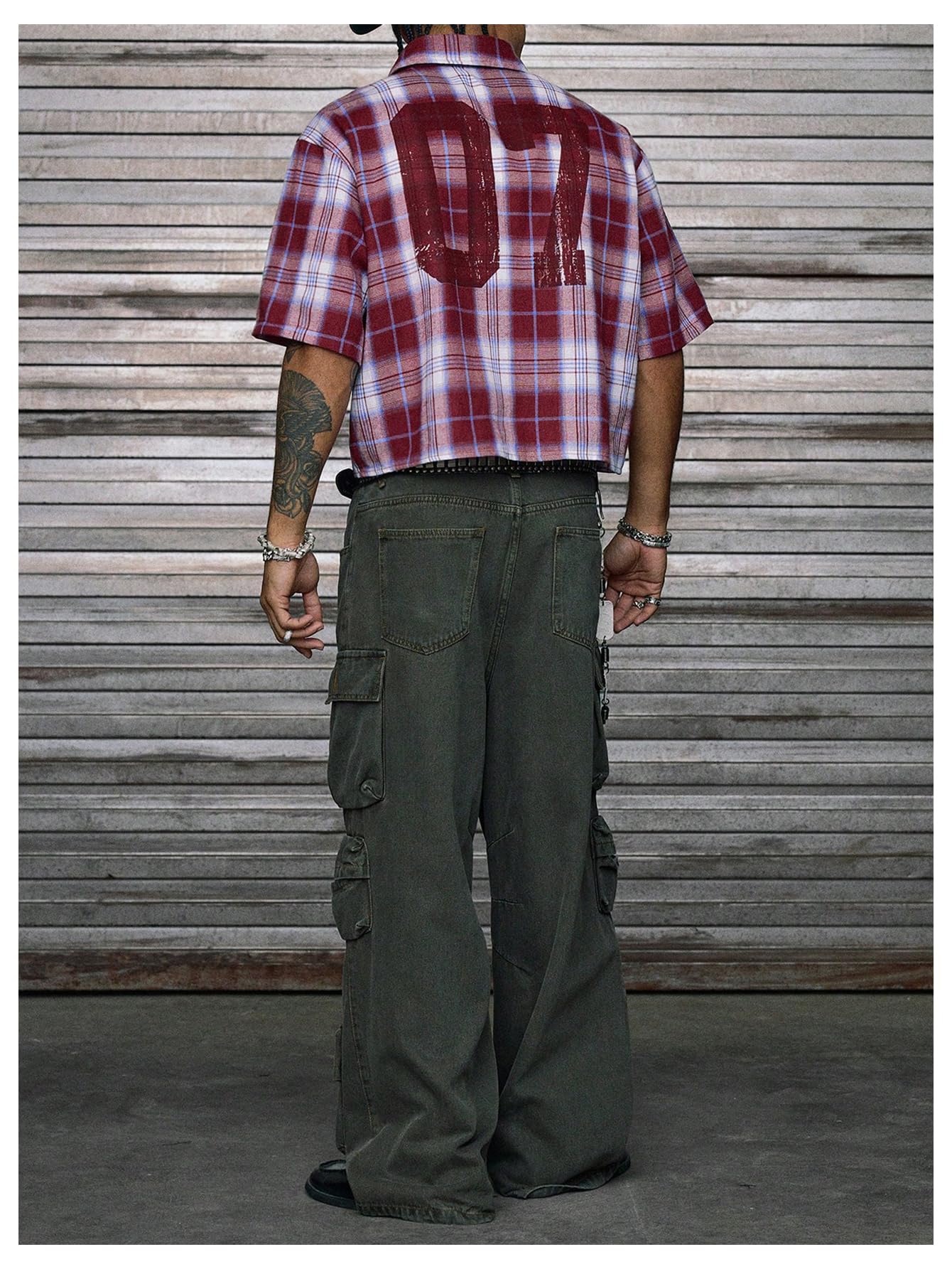 GORGLITTER Men's Gingham Cropped Shirt Button Up Number Graphic Boxy Short Sleeve Vacation Crop Tee Tops Streetwear