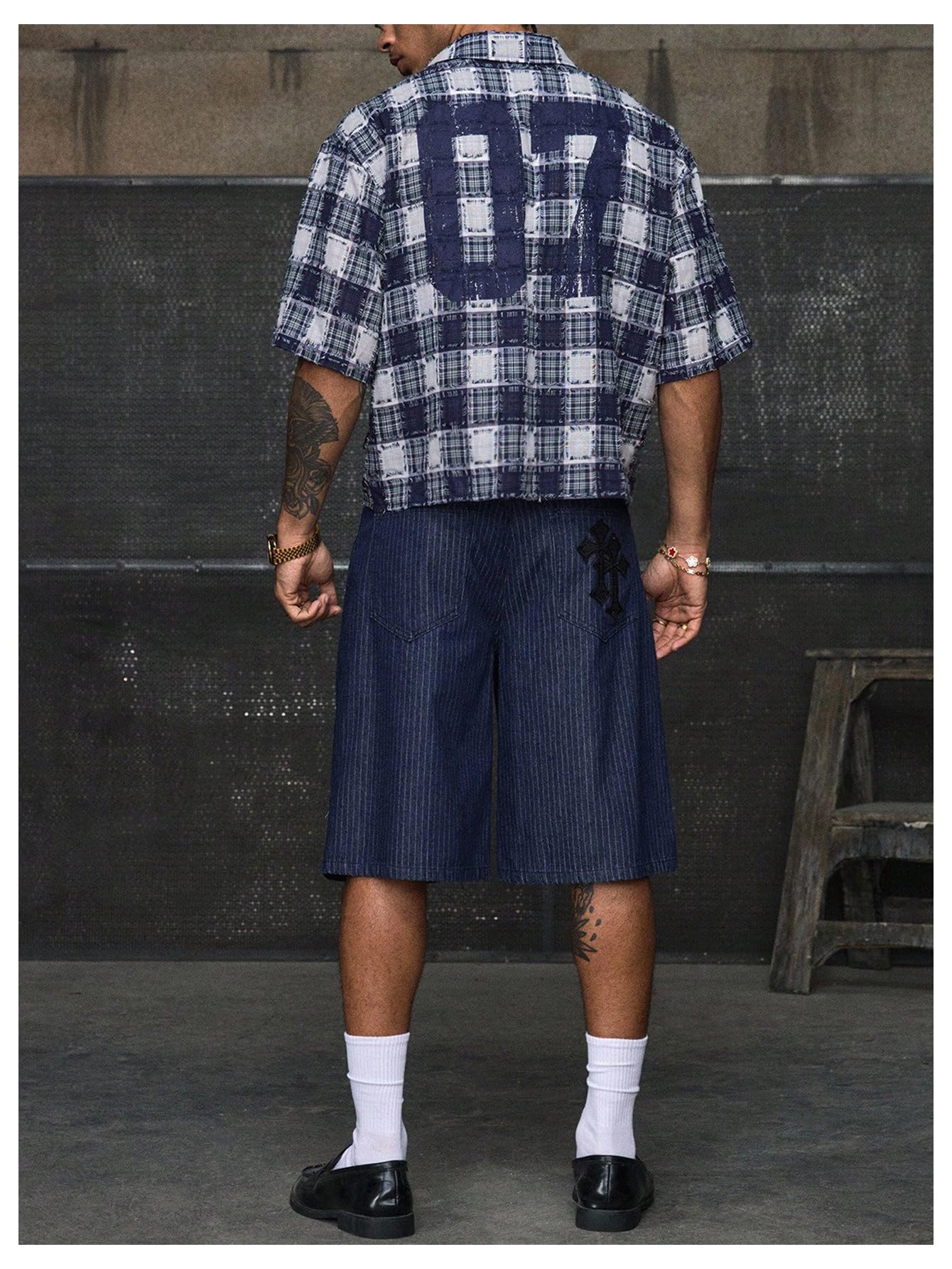 GORGLITTER Men's Gingham Cropped Shirt Button Up Number Graphic Boxy Short Sleeve Vacation Crop Tee Tops Streetwear