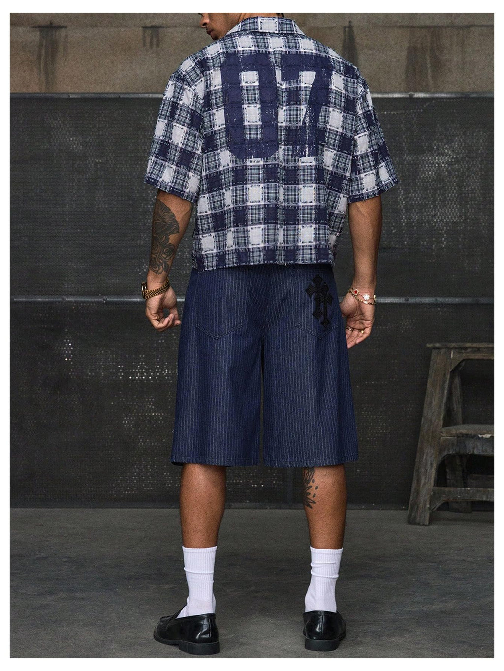 GORGLITTER Men's Gingham Cropped Shirt Button Up Number Graphic Boxy Short Sleeve Vacation Crop Tee Tops Streetwear