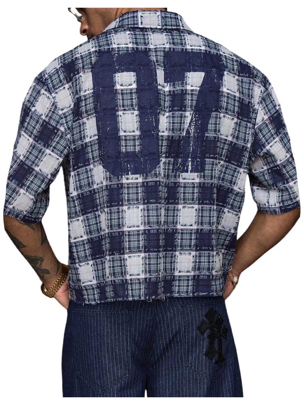 GORGLITTER Men's Gingham Cropped Shirt Button Up Number Graphic Boxy Short Sleeve Vacation Crop Tee Tops Streetwear
