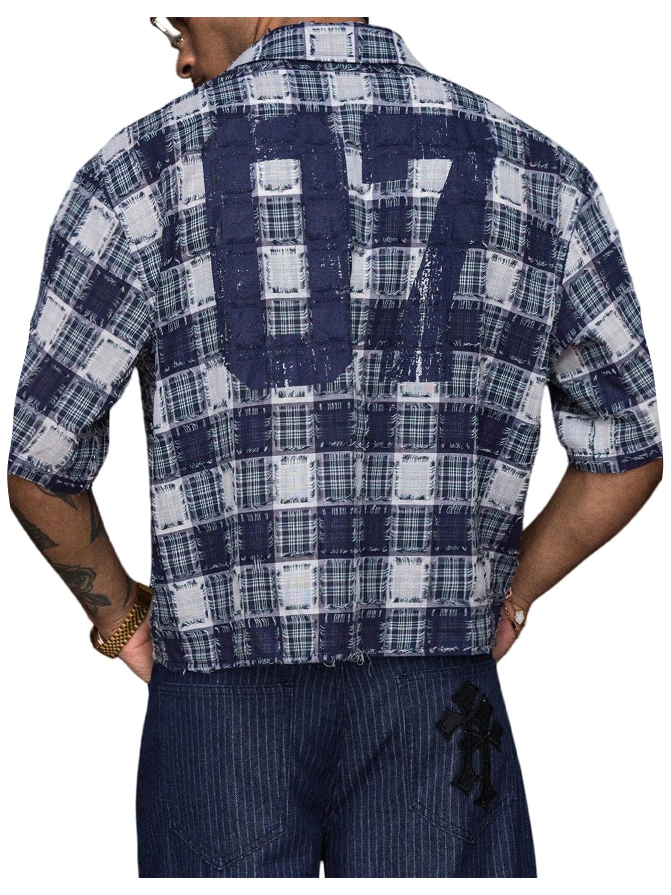 GORGLITTER Men's Gingham Cropped Shirt Button Up Number Graphic Boxy Short Sleeve Vacation Crop Tee Tops Streetwear