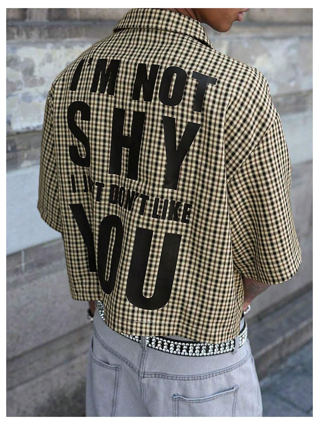 GORGLITTER Men's Gingham Cropped Shirt Button Up Number Graphic Boxy Short Sleeve Vacation Crop Tee Tops Streetwear