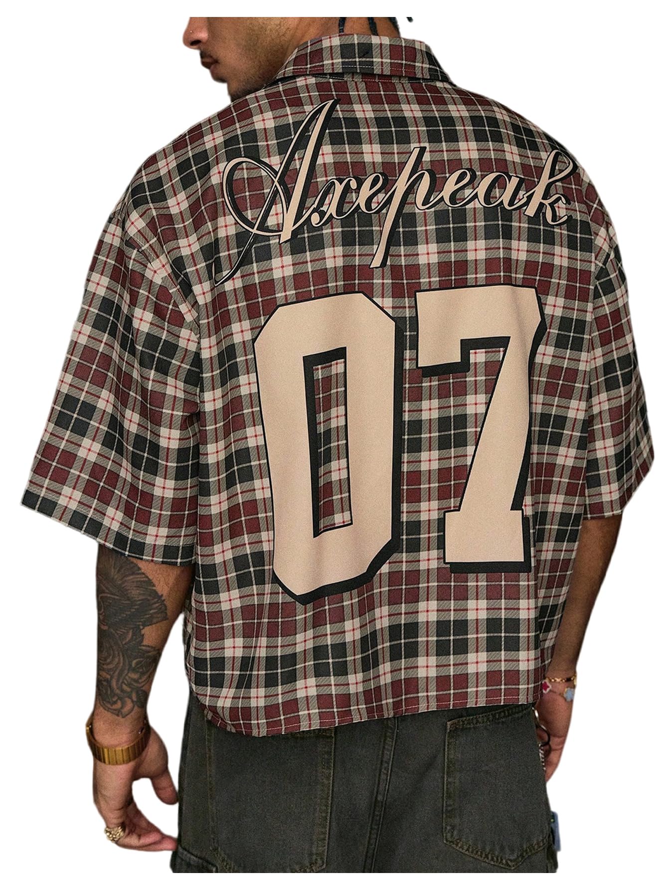 GORGLITTER Men's Gingham Cropped Shirt Button Up Number Graphic Boxy Short Sleeve Vacation Crop Tee Tops Streetwear