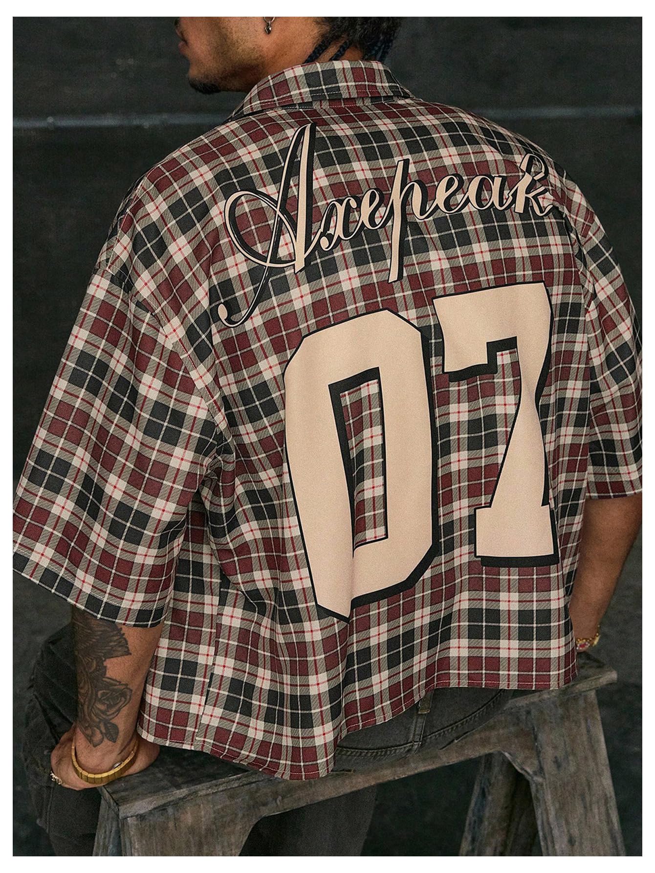 GORGLITTER Men's Gingham Cropped Shirt Button Up Number Graphic Boxy Short Sleeve Vacation Crop Tee Tops Streetwear