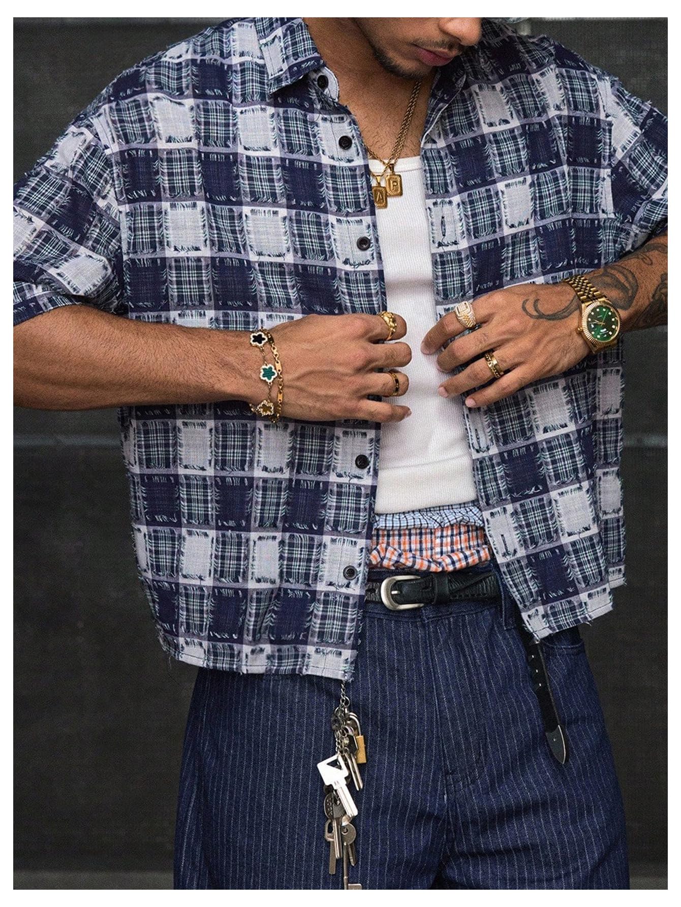 GORGLITTER Men's Gingham Cropped Shirt Button Up Number Graphic Boxy Short Sleeve Vacation Crop Tee Tops Streetwear