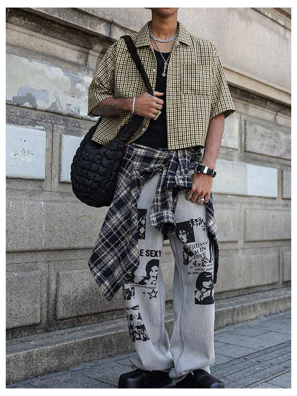 GORGLITTER Men's Gingham Cropped Shirt Button Up Number Graphic Boxy Short Sleeve Vacation Crop Tee Tops Streetwear