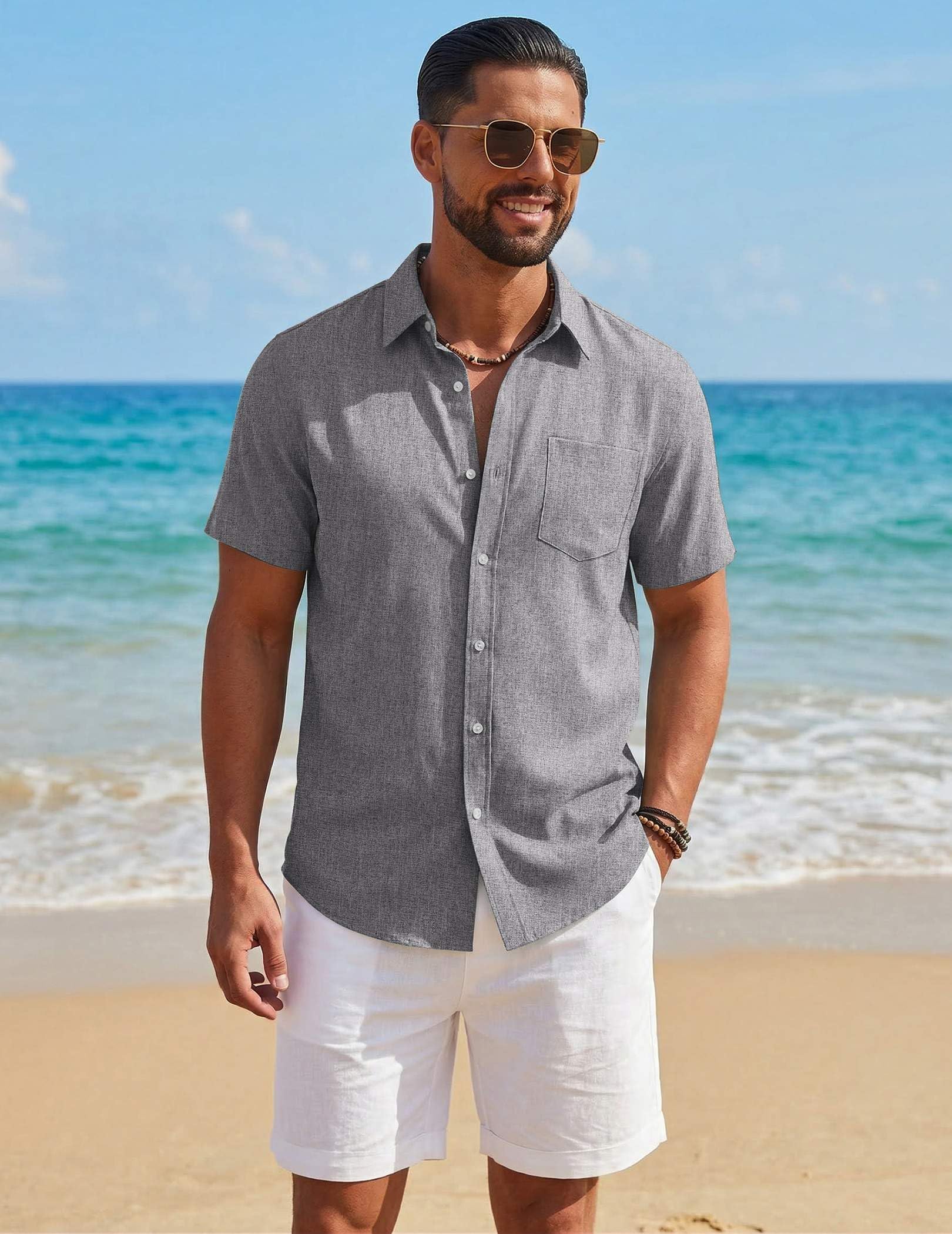 COOFANDY Mens Button Down Shirt Short Sleeve Casual Shirts Summer Beach Textured Shirts with Pocket