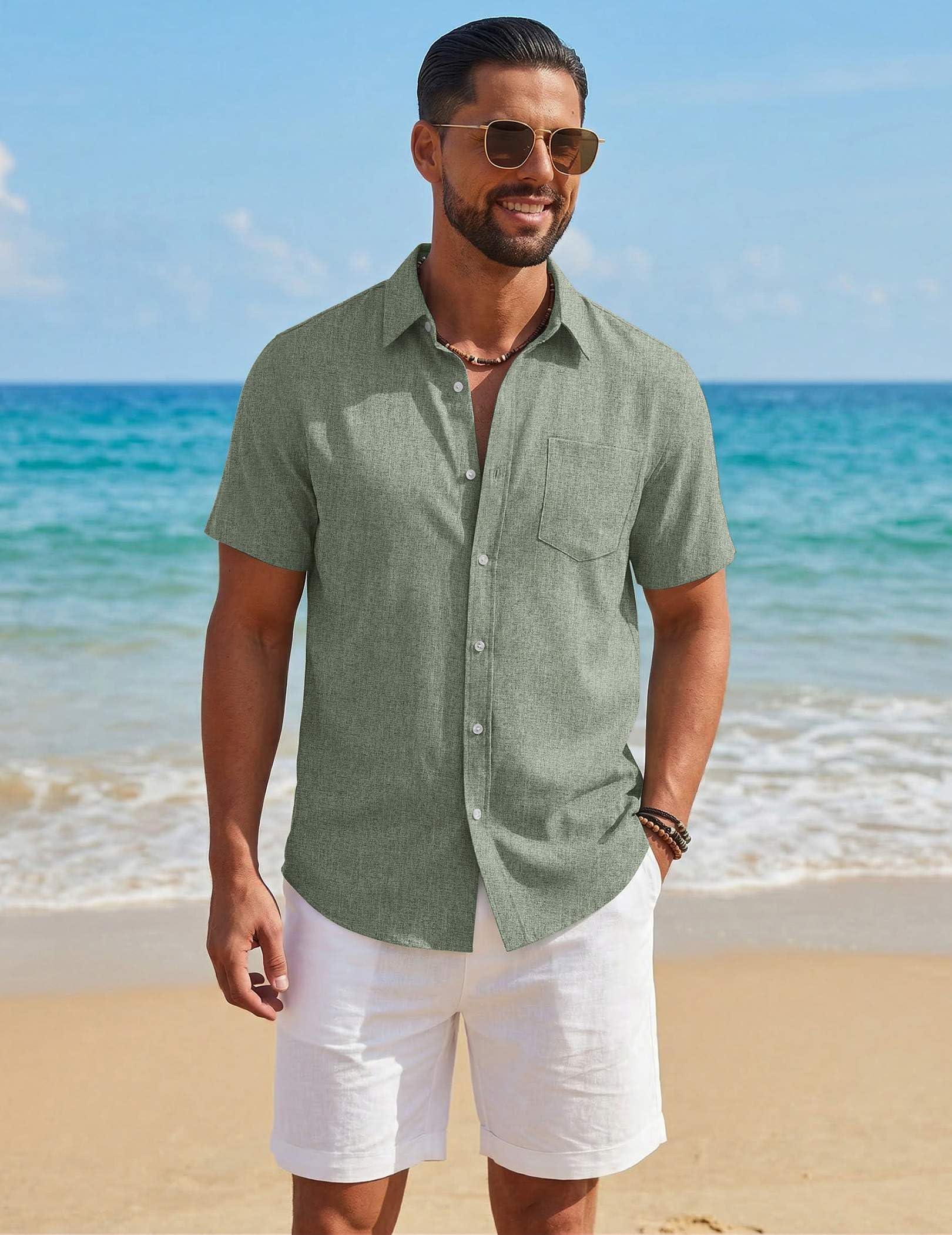 COOFANDY Mens Button Down Shirt Short Sleeve Casual Shirts Summer Beach Textured Shirts with Pocket