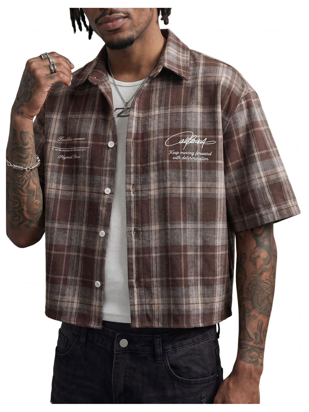 GORGLITTER Men's Gingham Cropped Shirt Button Up Number Graphic Boxy Short Sleeve Vacation Crop Tee Tops Streetwear