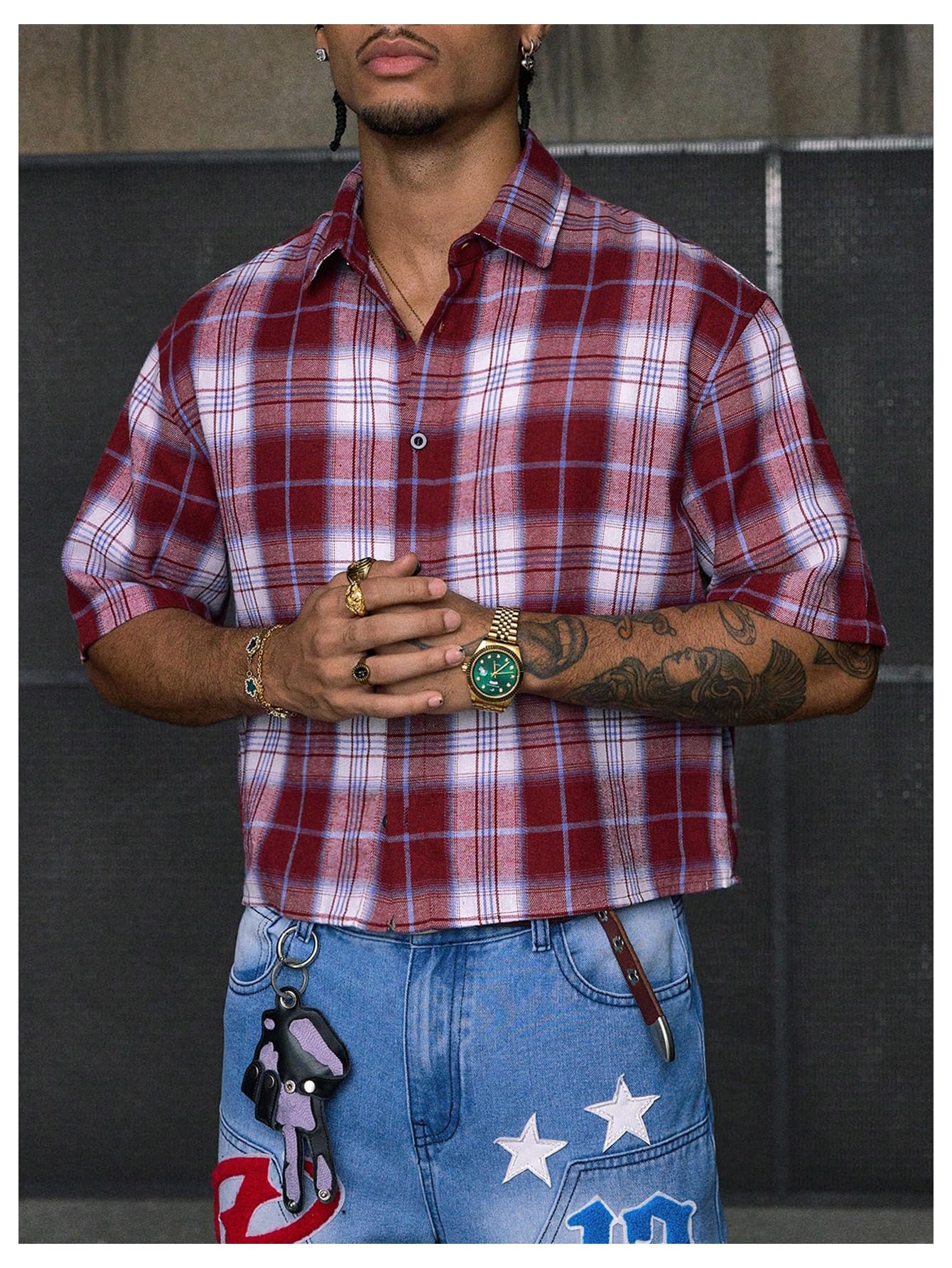 GORGLITTER Men's Gingham Cropped Shirt Button Up Number Graphic Boxy Short Sleeve Vacation Crop Tee Tops Streetwear