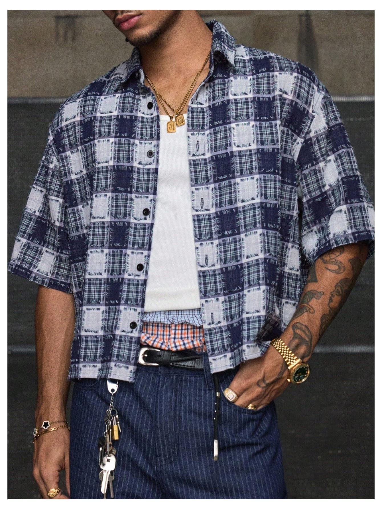 GORGLITTER Men's Gingham Cropped Shirt Button Up Number Graphic Boxy Short Sleeve Vacation Crop Tee Tops Streetwear