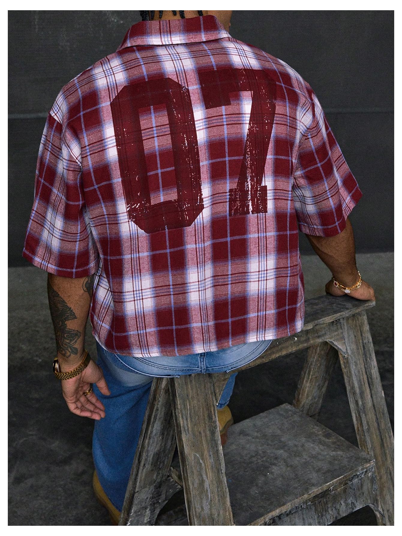 GORGLITTER Men's Gingham Cropped Shirt Button Up Number Graphic Boxy Short Sleeve Vacation Crop Tee Tops Streetwear