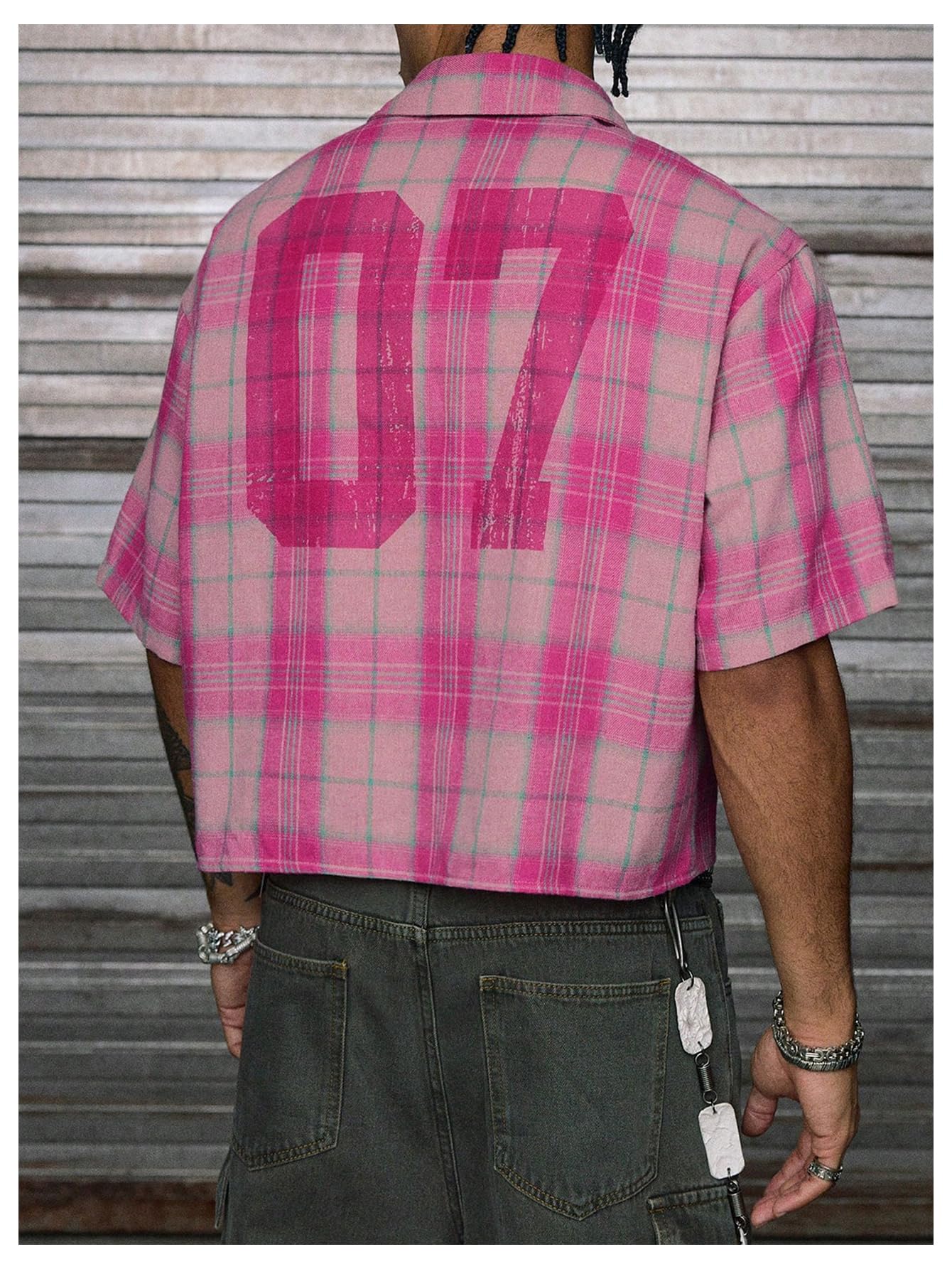 GORGLITTER Men's Gingham Cropped Shirt Button Up Number Graphic Boxy Short Sleeve Vacation Crop Tee Tops Streetwear