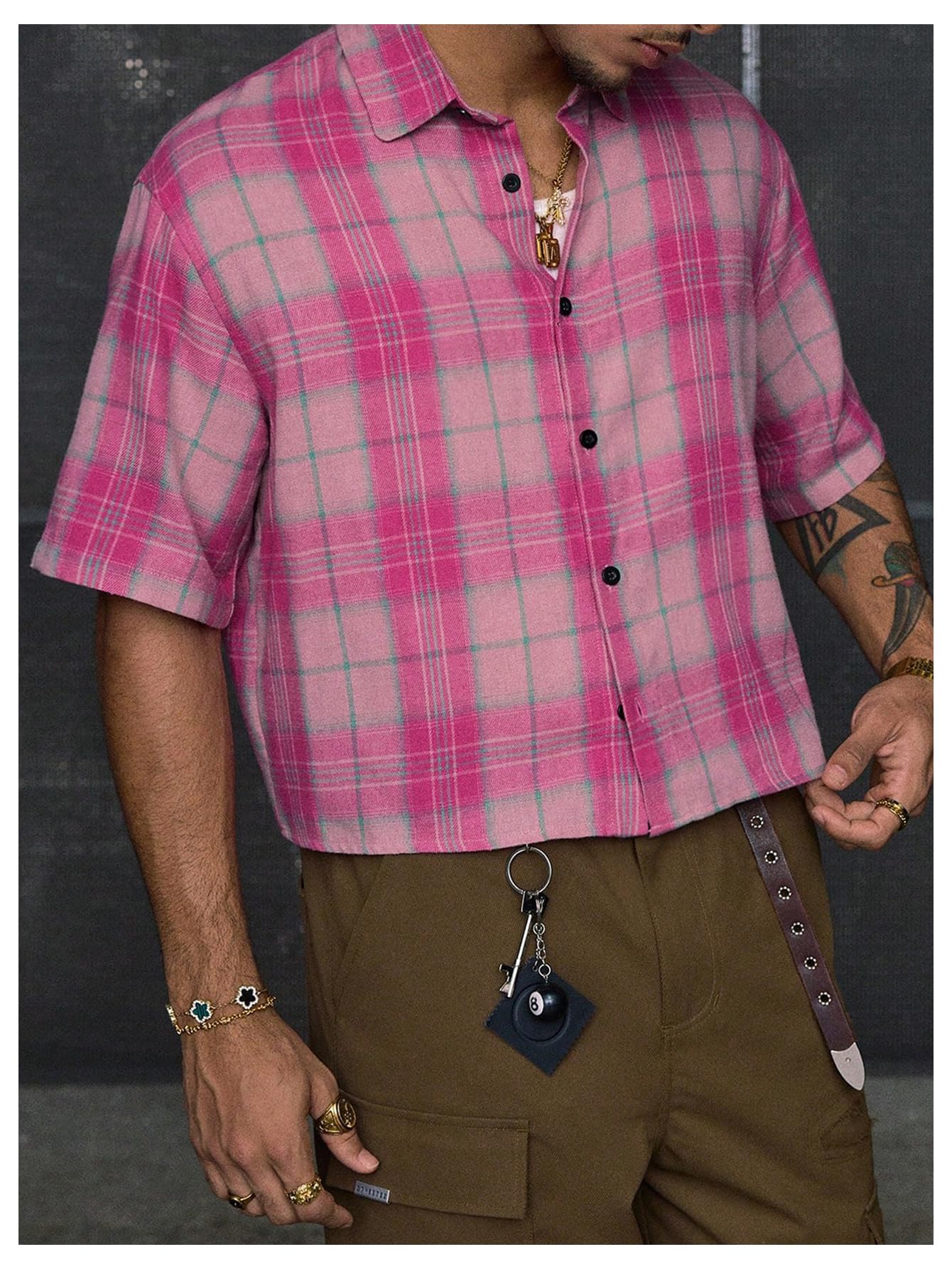GORGLITTER Men's Gingham Cropped Shirt Button Up Number Graphic Boxy Short Sleeve Vacation Crop Tee Tops Streetwear