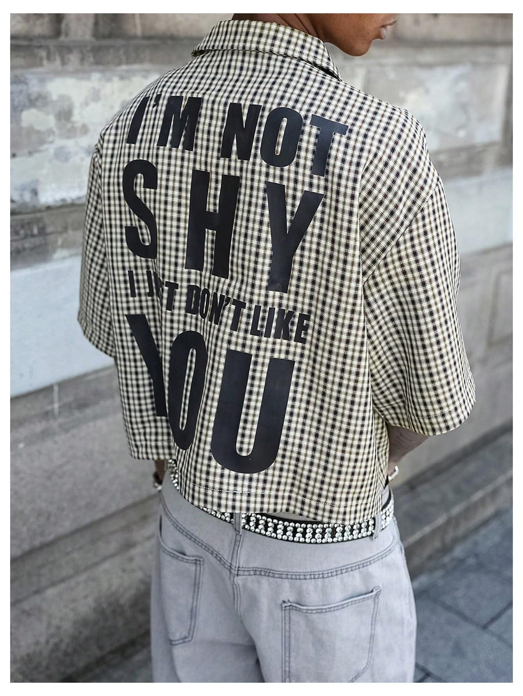 GORGLITTER Men's Gingham Cropped Shirt Button Up Number Graphic Boxy Short Sleeve Vacation Crop Tee Tops Streetwear