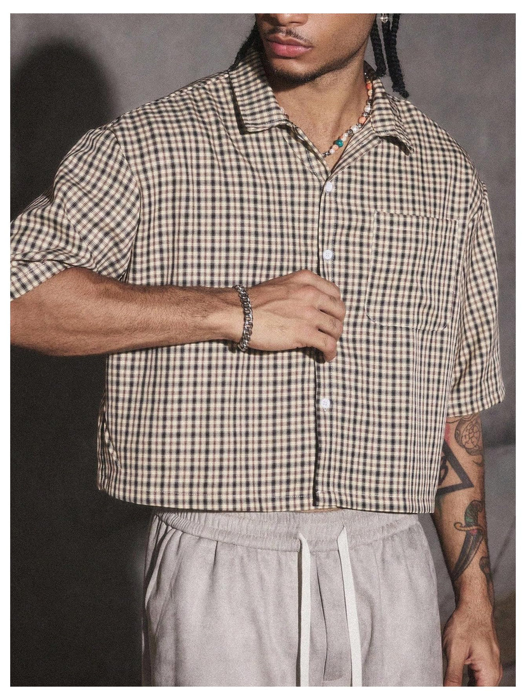 GORGLITTER Men's Gingham Cropped Shirt Button Up Number Graphic Boxy Short Sleeve Vacation Crop Tee Tops Streetwear
