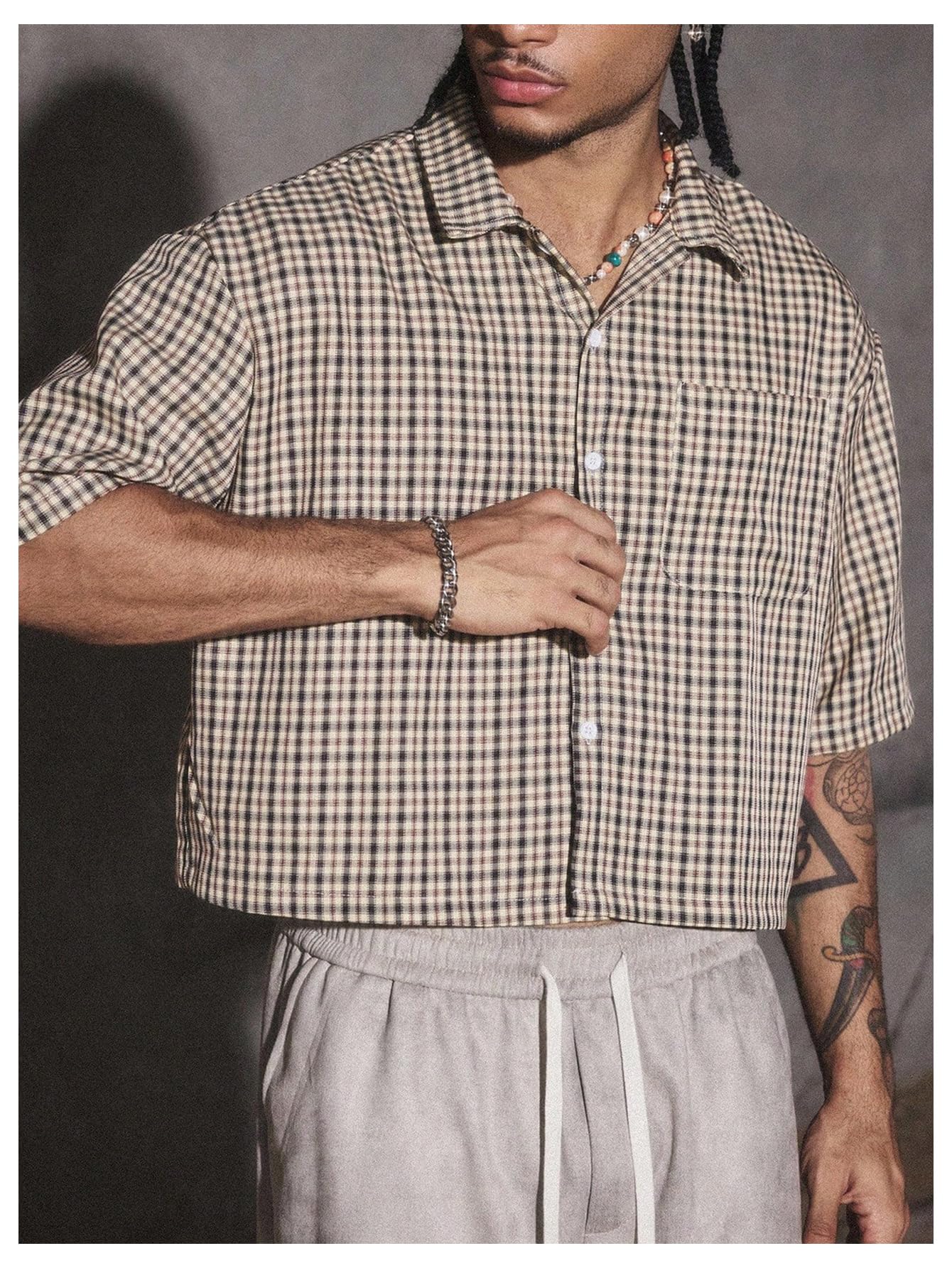 GORGLITTER Men's Gingham Cropped Shirt Button Up Number Graphic Boxy Short Sleeve Vacation Crop Tee Tops Streetwear