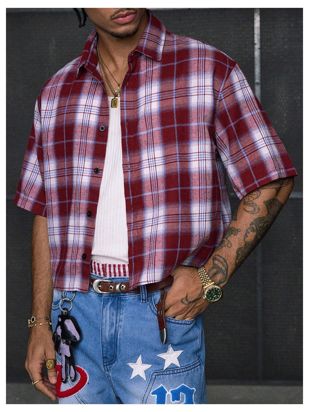 GORGLITTER Men's Gingham Cropped Shirt Button Up Number Graphic Boxy Short Sleeve Vacation Crop Tee Tops Streetwear