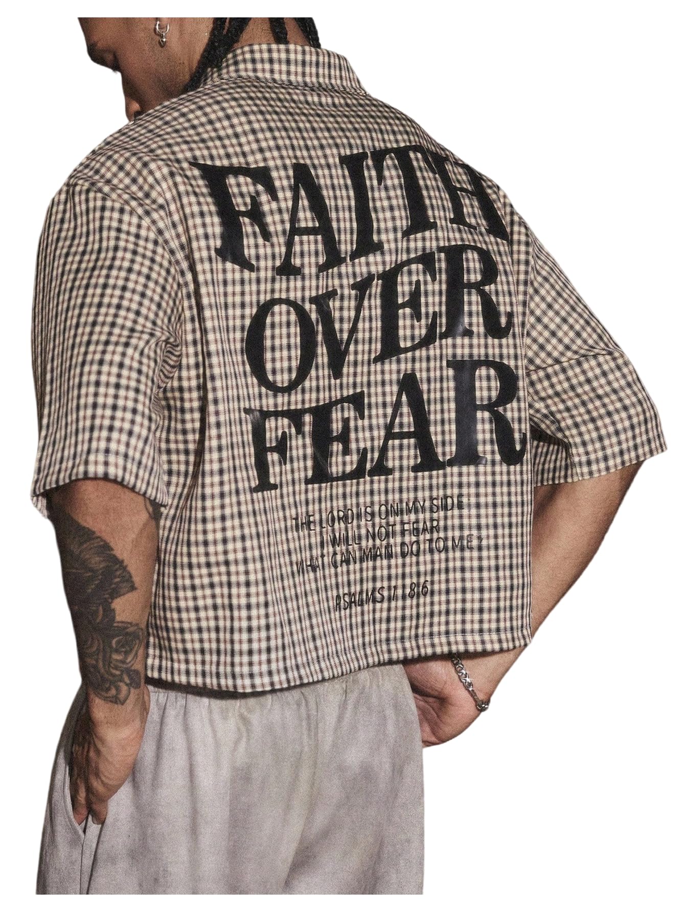 GORGLITTER Men's Gingham Cropped Shirt Button Up Number Graphic Boxy Short Sleeve Vacation Crop Tee Tops Streetwear