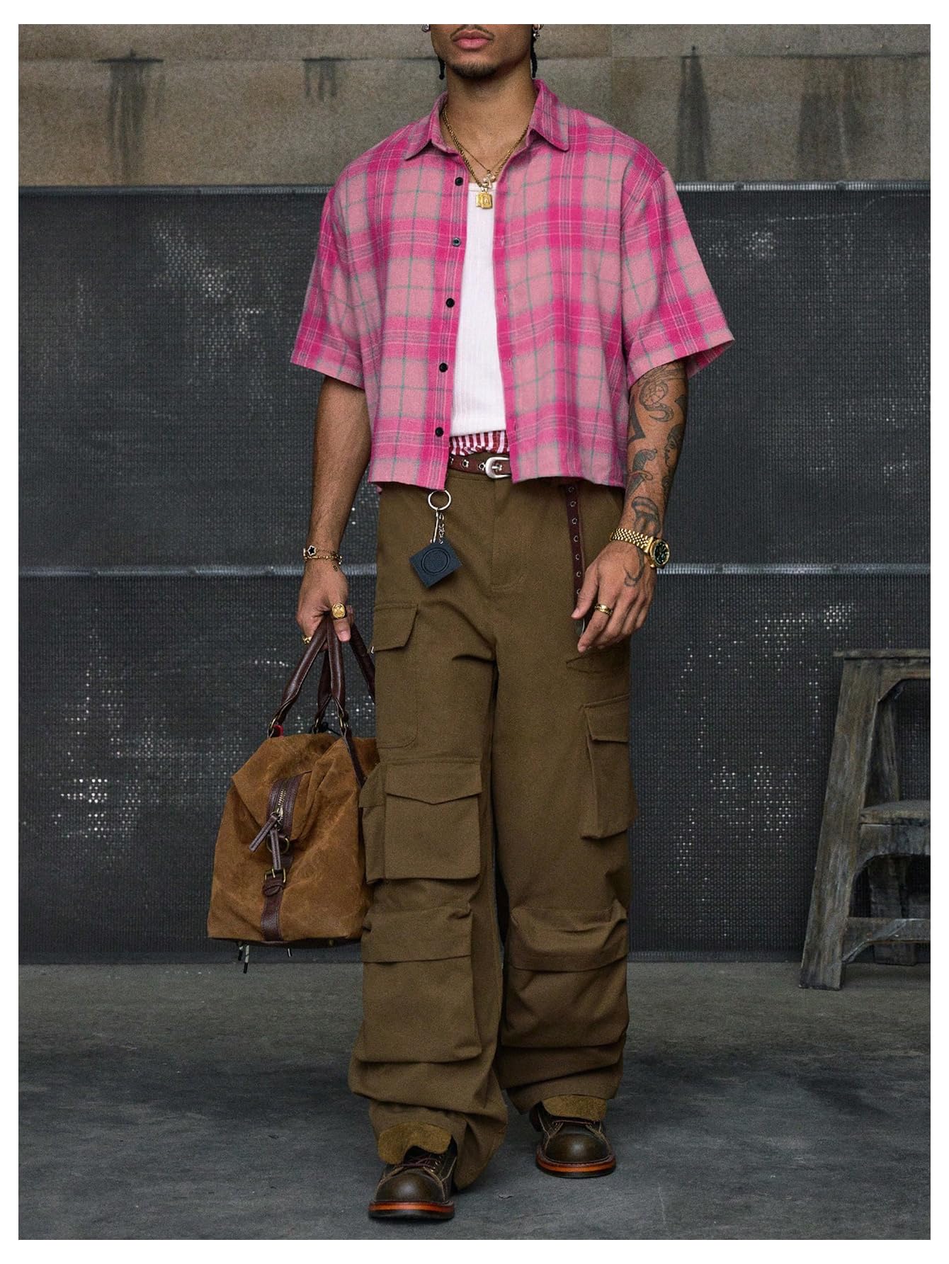 GORGLITTER Men's Gingham Cropped Shirt Button Up Number Graphic Boxy Short Sleeve Vacation Crop Tee Tops Streetwear