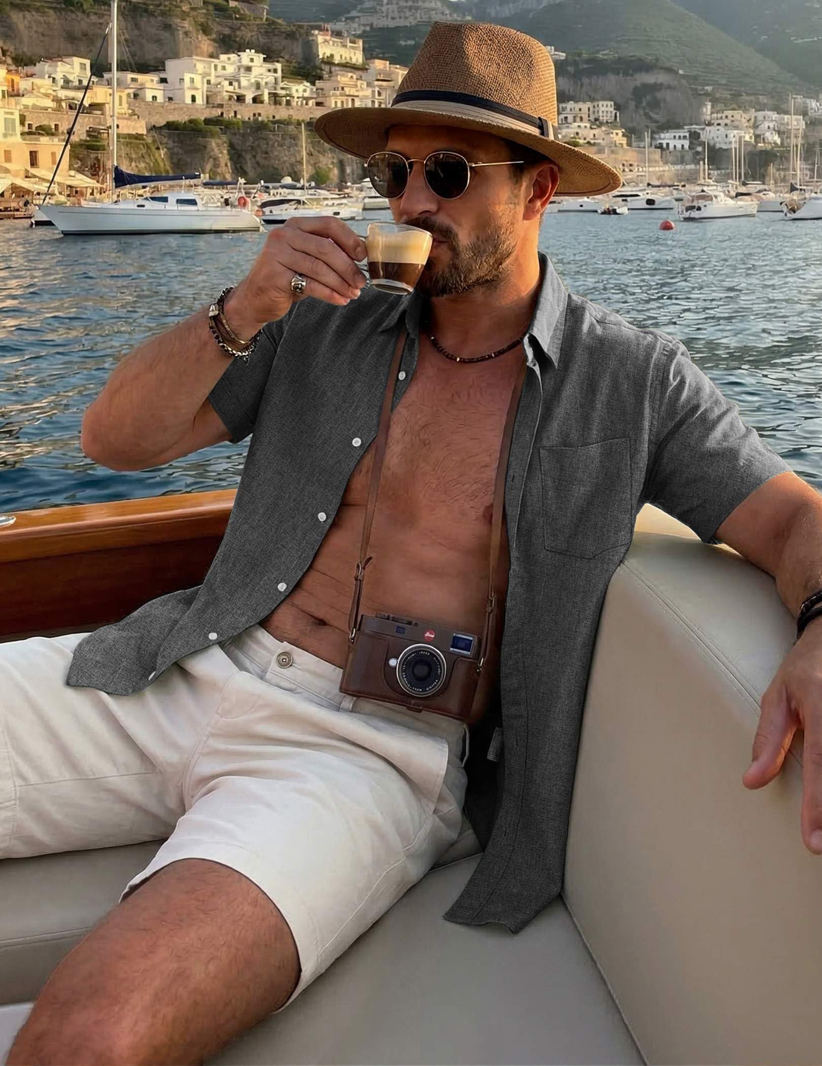 COOFANDY Mens Button Down Shirt Short Sleeve Casual Shirts Summer Beach Textured Shirts with Pocket