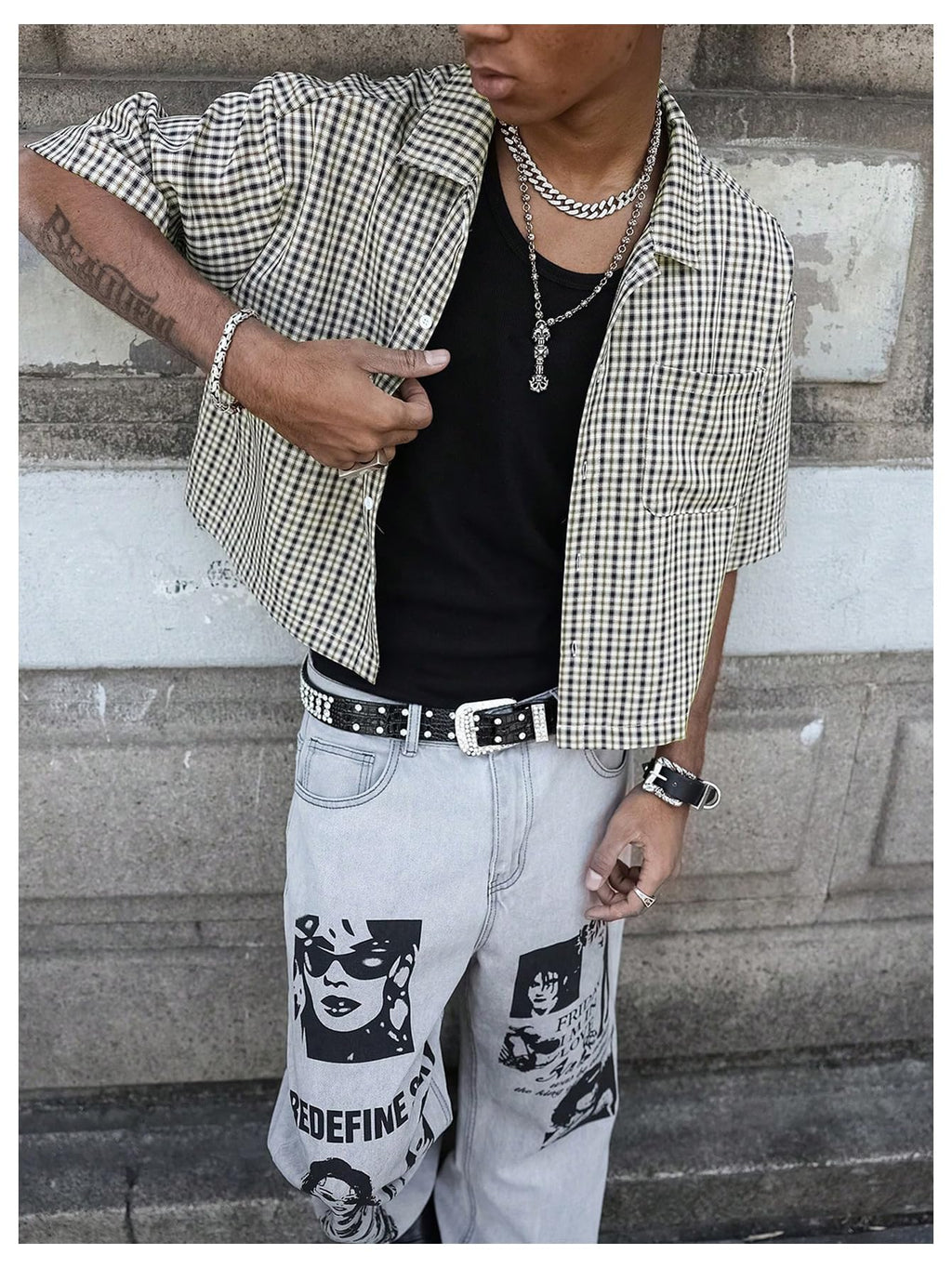 GORGLITTER Men's Gingham Cropped Shirt Button Up Number Graphic Boxy Short Sleeve Vacation Crop Tee Tops Streetwear