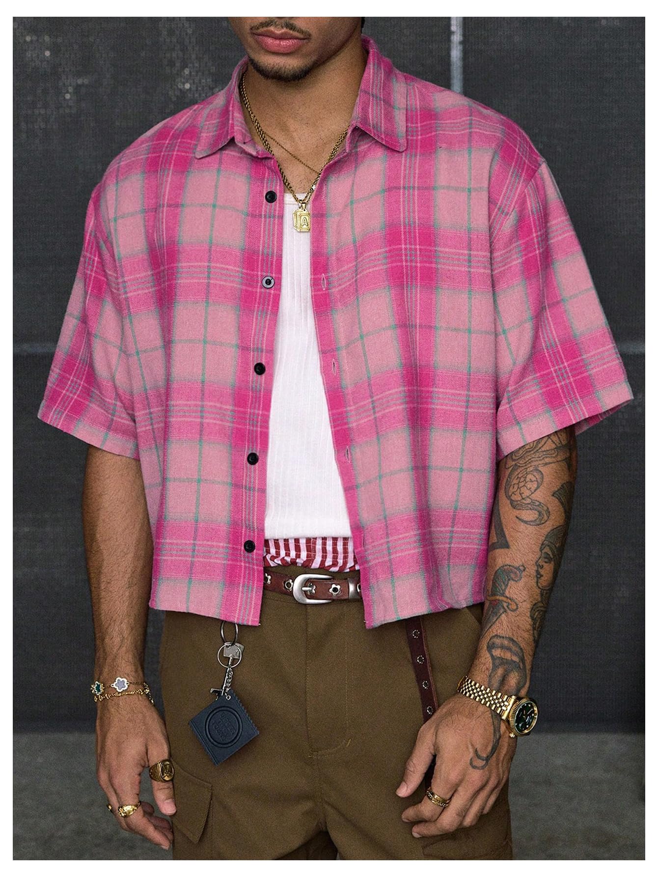 GORGLITTER Men's Gingham Cropped Shirt Button Up Number Graphic Boxy Short Sleeve Vacation Crop Tee Tops Streetwear