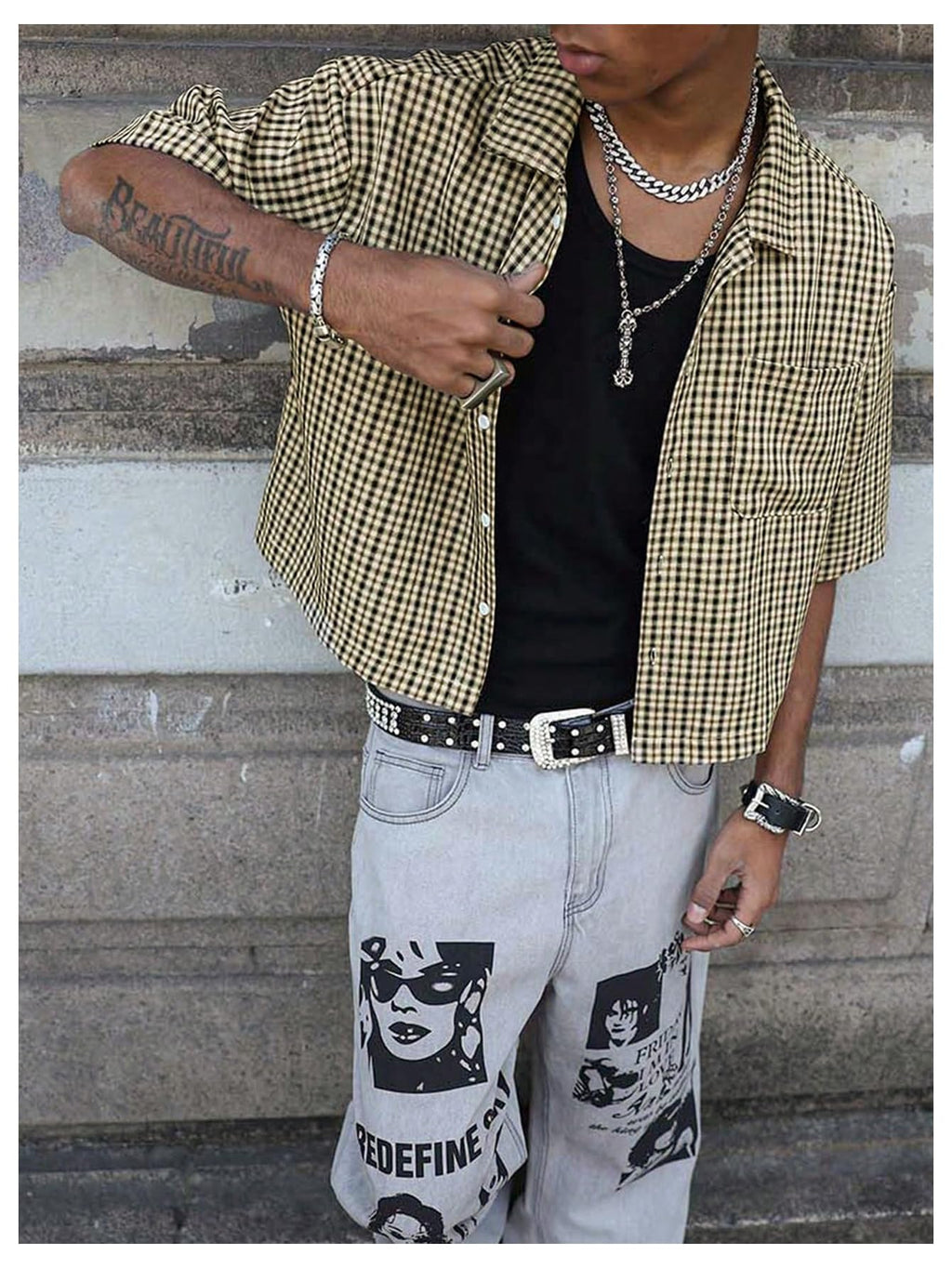 GORGLITTER Men's Gingham Cropped Shirt Button Up Number Graphic Boxy Short Sleeve Vacation Crop Tee Tops Streetwear