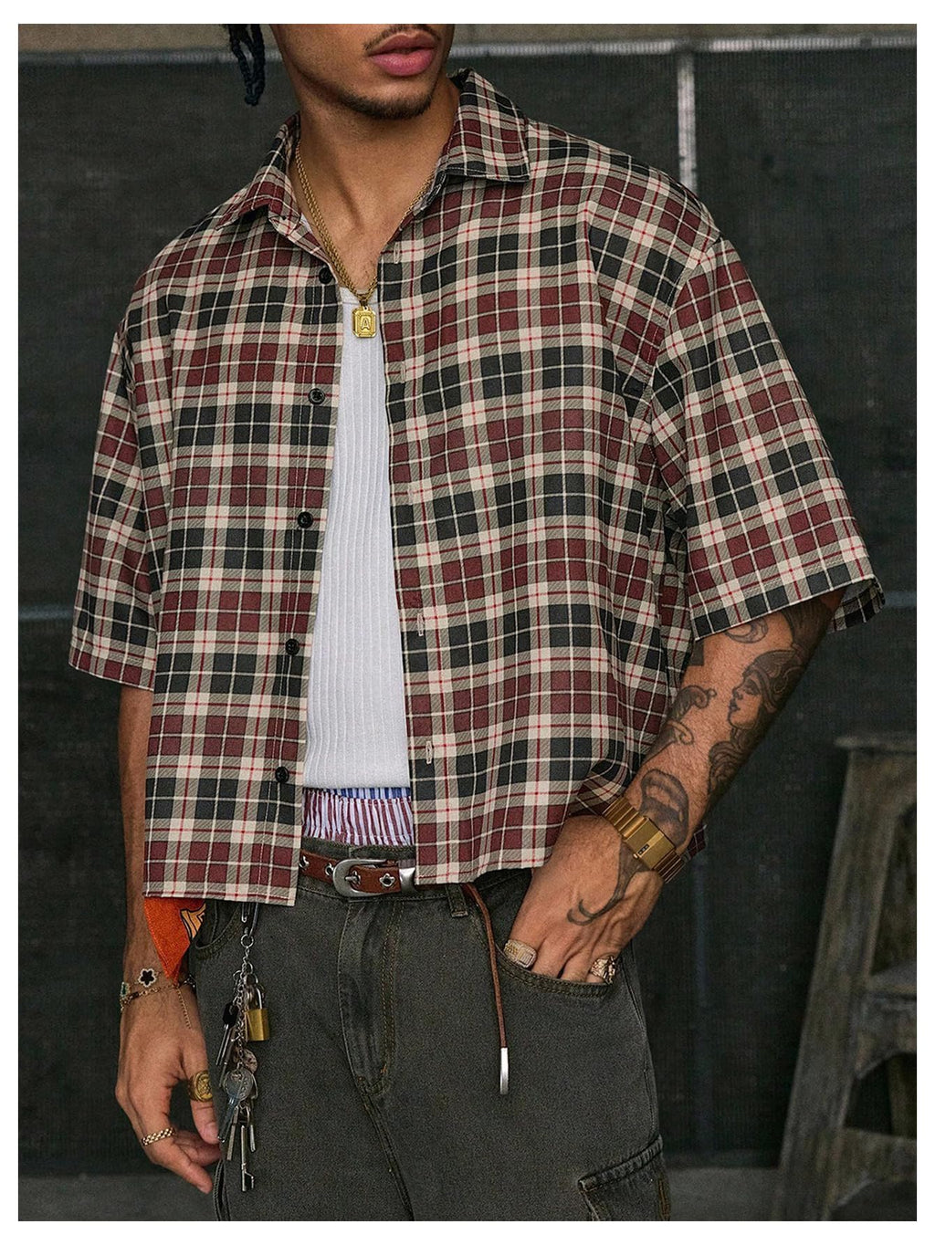 GORGLITTER Men's Gingham Cropped Shirt Button Up Number Graphic Boxy Short Sleeve Vacation Crop Tee Tops Streetwear