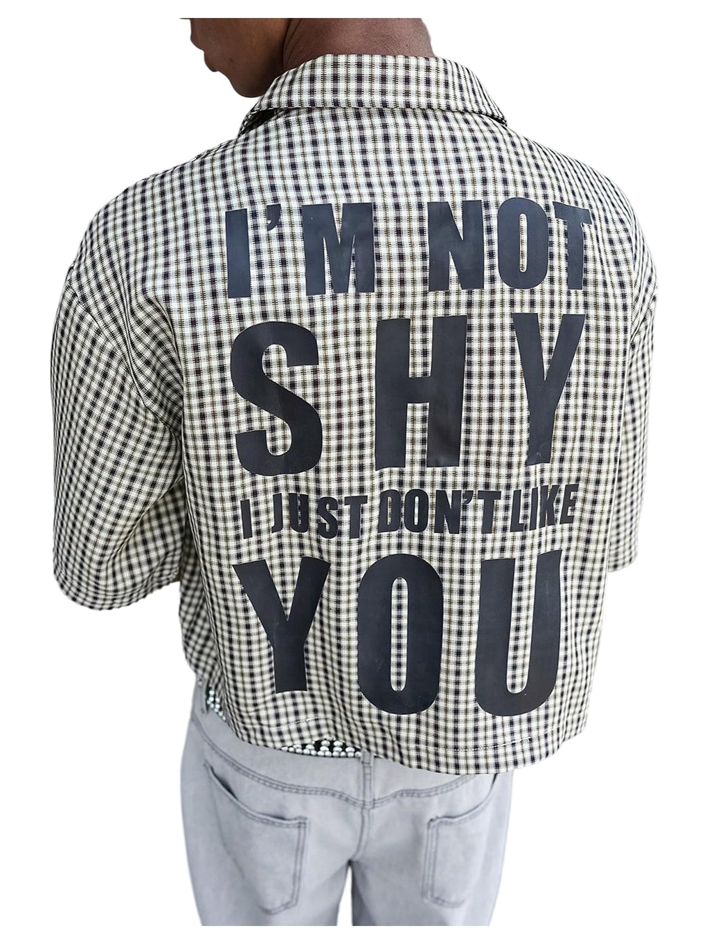 GORGLITTER Men's Gingham Cropped Shirt Button Up Number Graphic Boxy Short Sleeve Vacation Crop Tee Tops Streetwear