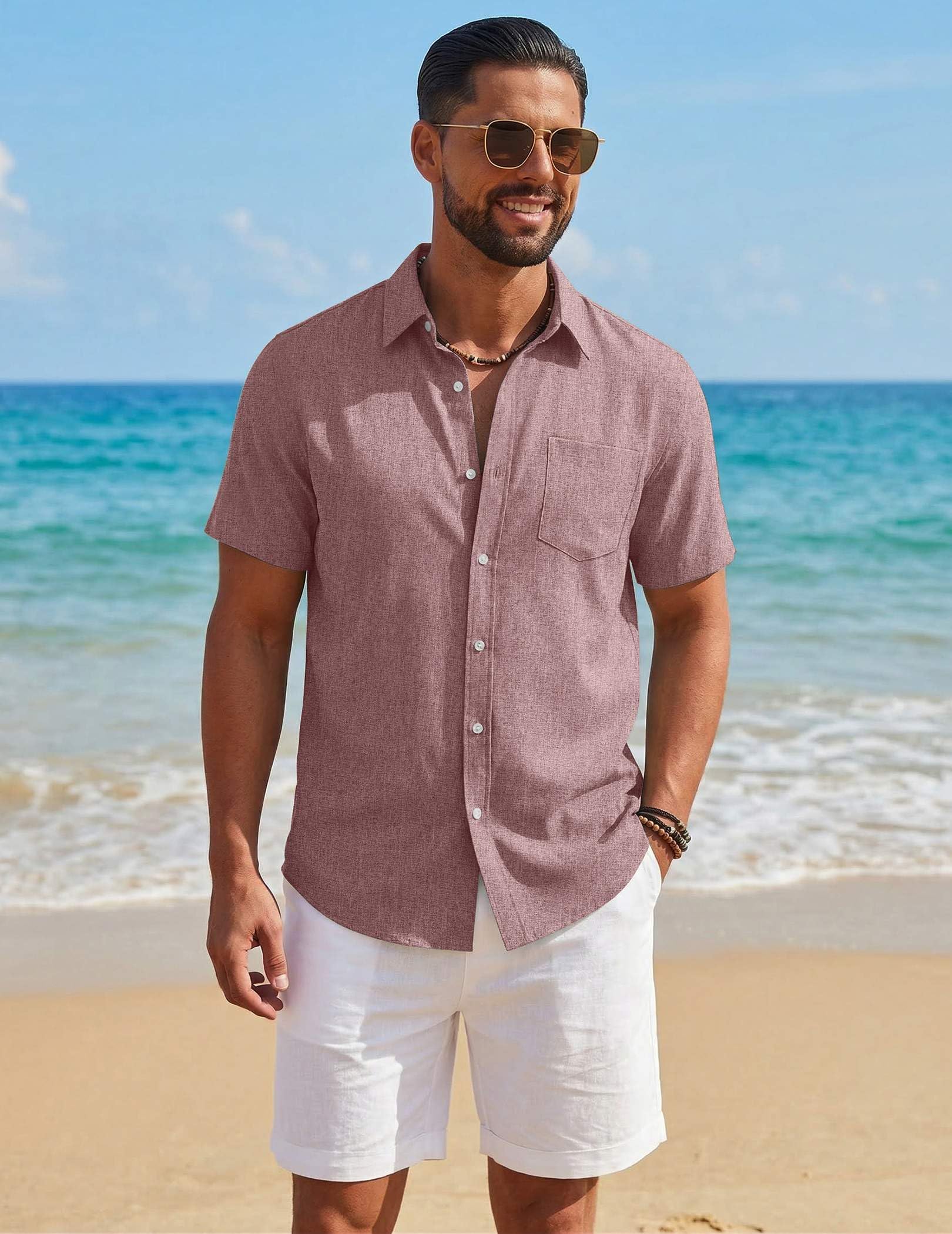 COOFANDY Mens Button Down Shirt Short Sleeve Casual Shirts Summer Beach Textured Shirts with Pocket