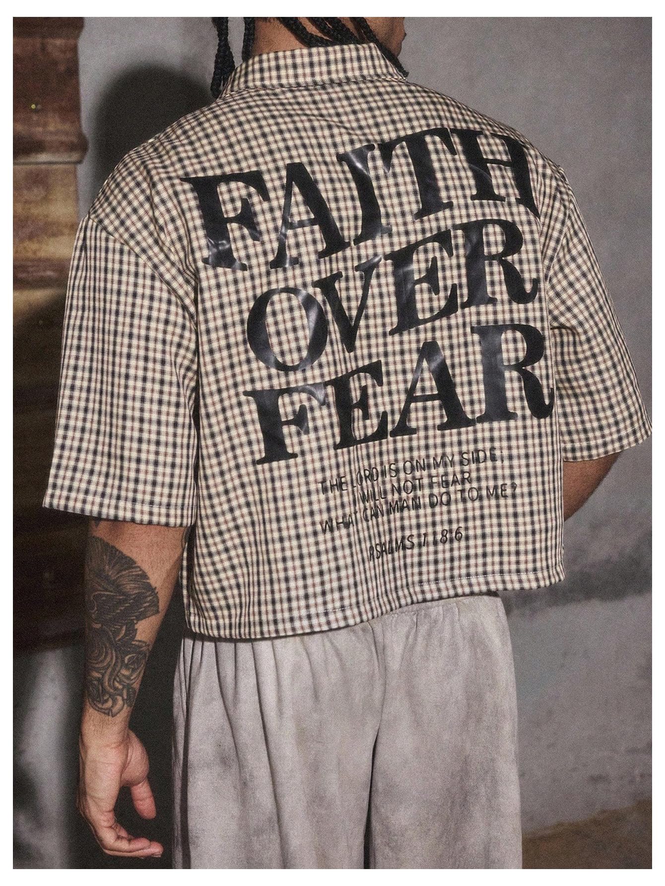GORGLITTER Men's Gingham Cropped Shirt Button Up Number Graphic Boxy Short Sleeve Vacation Crop Tee Tops Streetwear