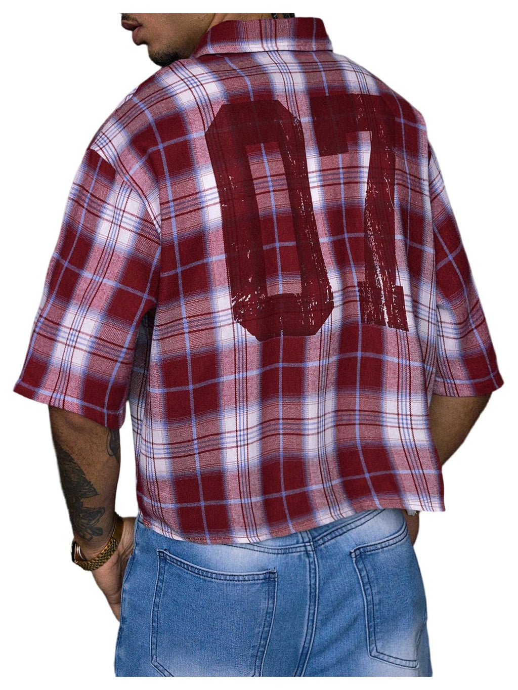 GORGLITTER Men's Gingham Cropped Shirt Button Up Number Graphic Boxy Short Sleeve Vacation Crop Tee Tops Streetwear