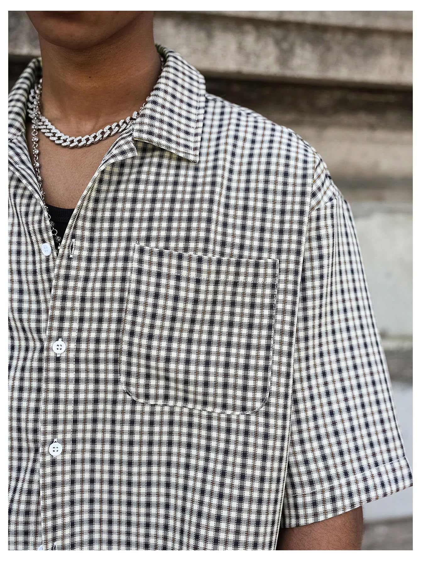 GORGLITTER Men's Gingham Cropped Shirt Button Up Number Graphic Boxy Short Sleeve Vacation Crop Tee Tops Streetwear