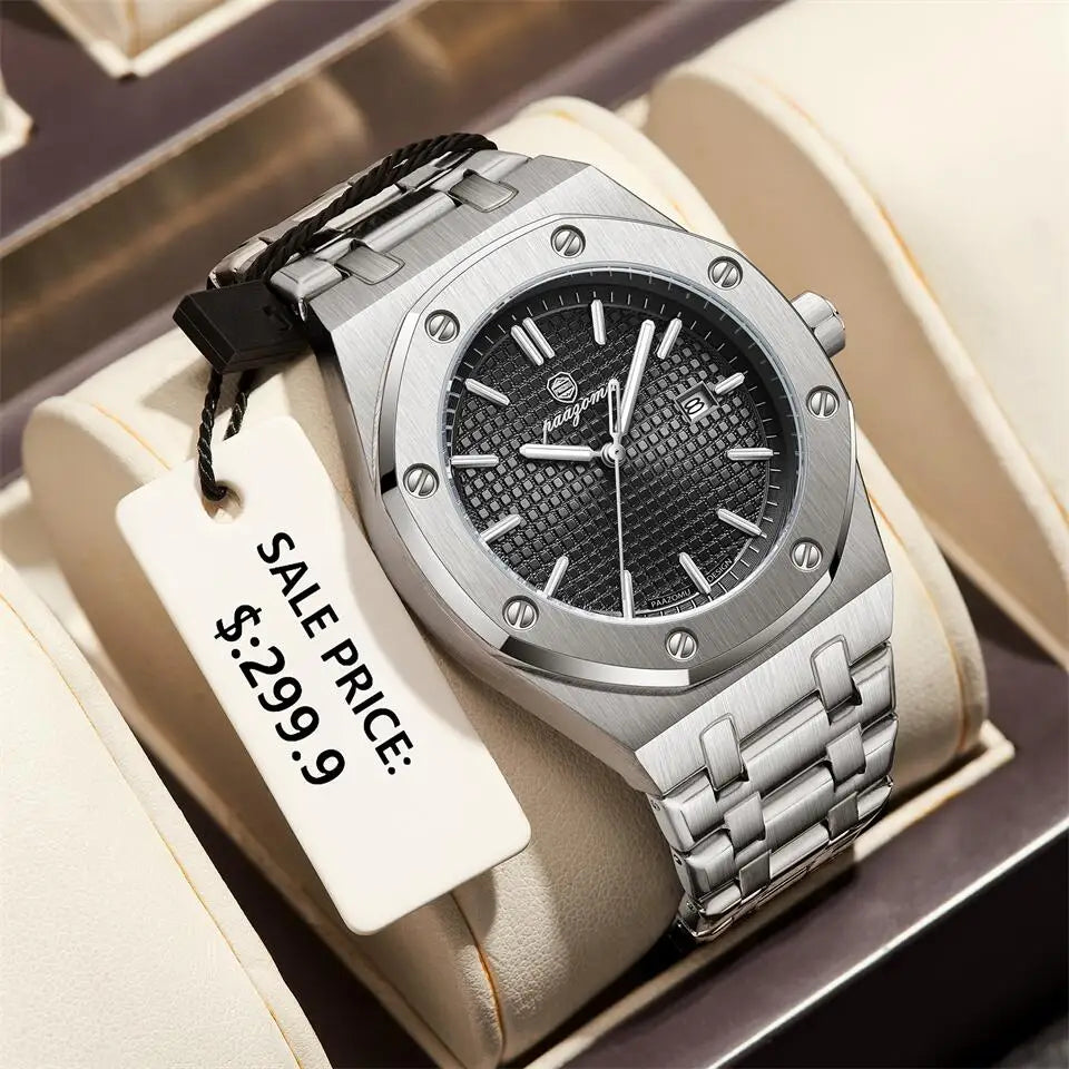 PAAZOMU Luxury Watches For Men Stainless Steel Waterproof Luminous Man Watch Date Week Fashion Casual Men's Quartz Watch Reloj