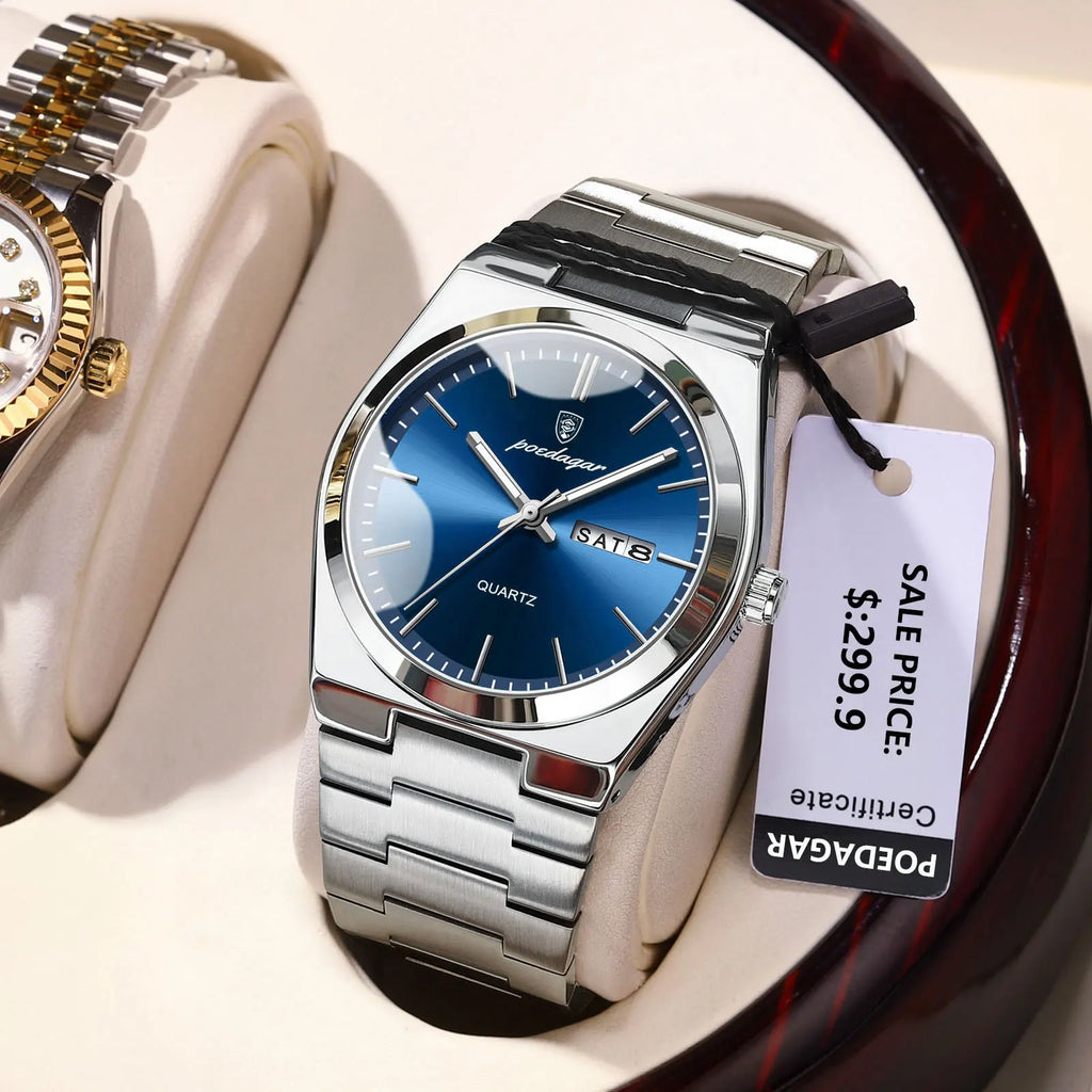POEDAGAR Luxury Watch For Man Waterproof Luminous Date Week Stainless Steel Men Watch Casual Quartz Men's Watches Male Clock+box