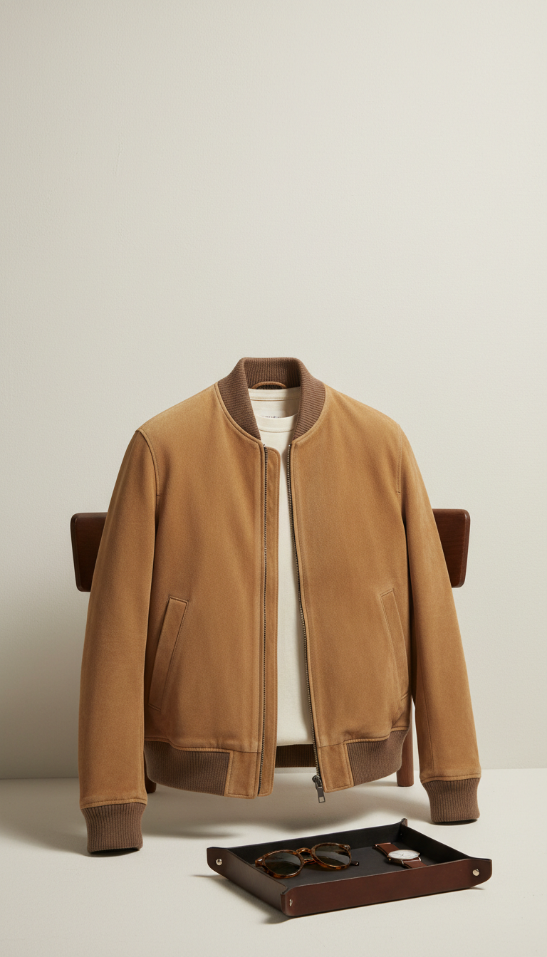 Structured Taupe Suede Bomber Jacket